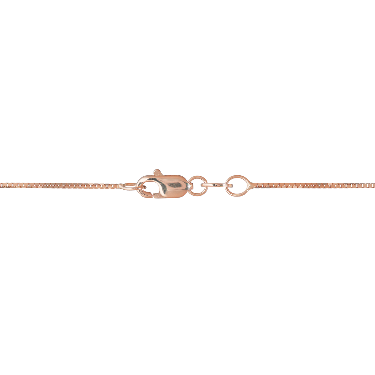 Detail shot of a 0.8mm box chain with a lobster claw clasp