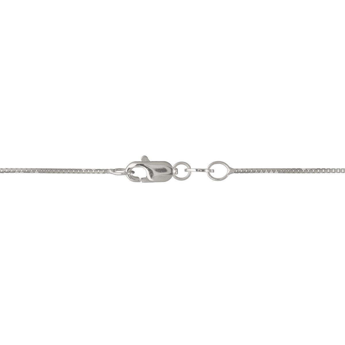 Detail shot of a 0.8mm box chain with a lobster claw clasp, shown on a white background
