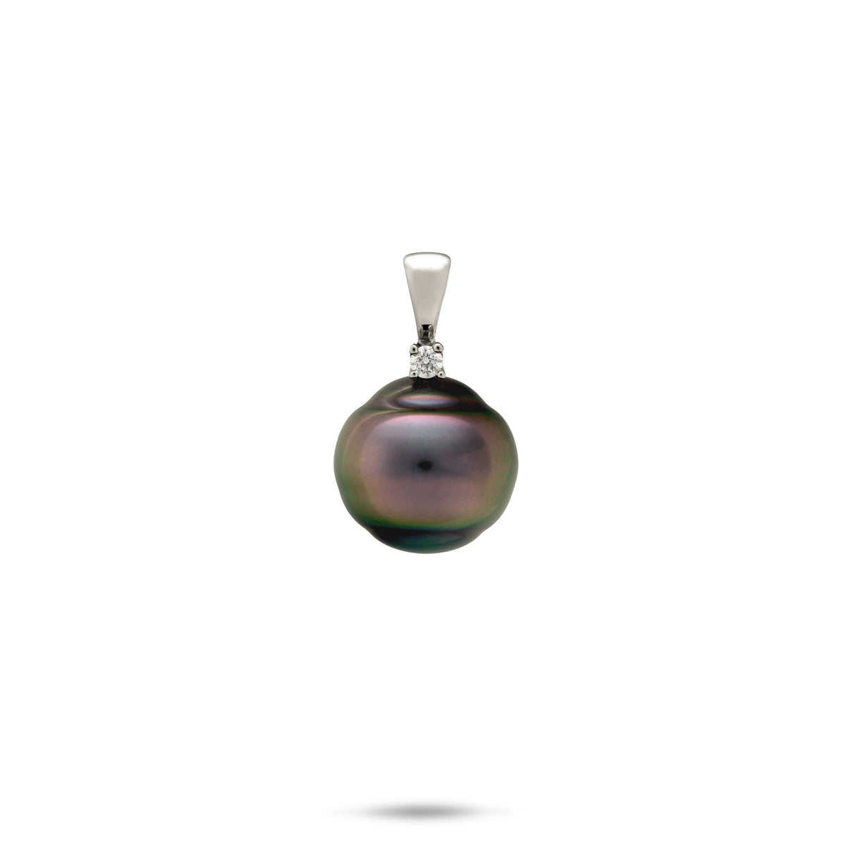 A simple drop pendant in 14k white gold with a diamond-accent bail and an 11-12mm baroque Tahitian black pearl, shown on a white background
