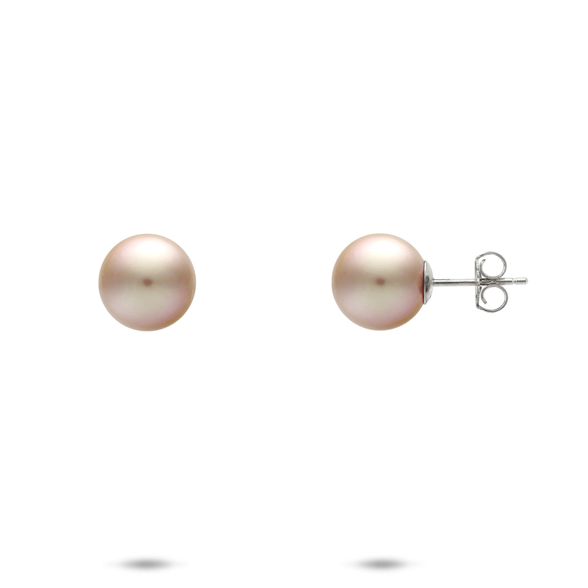 A pair of round 8-9mm freshwater pearl stud earrings, one shown from the front displaying a soft lavender overtone and the other from the side showing a white gold post and butterfly back, set against a plain white background.