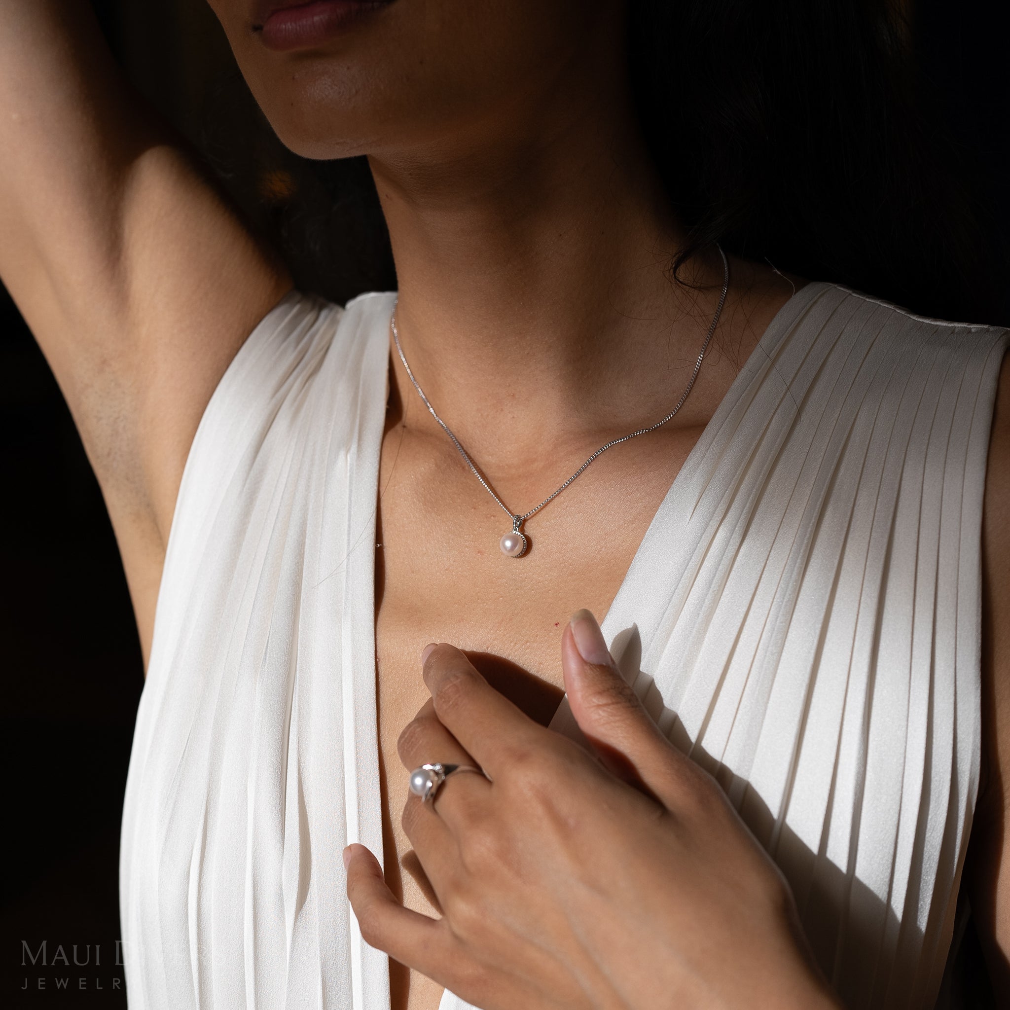 Halo Akoya White Pearl Pendant in White Gold with Diamonds - 8-8.5mm