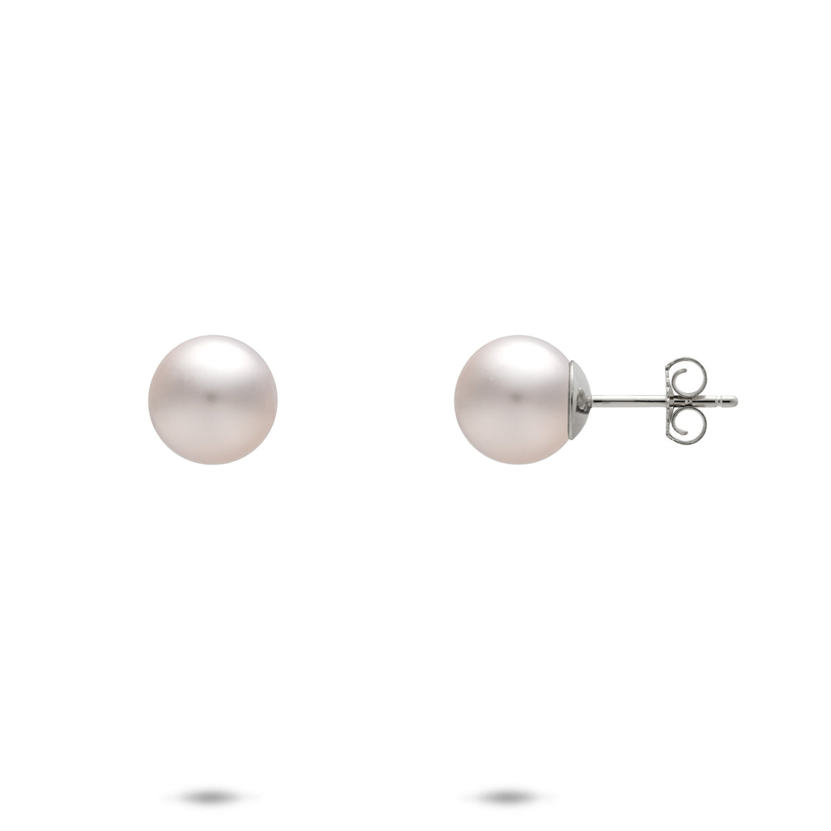 A pair of 14k white gold 8mm Akoya white pearl stud earrings with a front and side view of the butterfly backing, shown on a white background