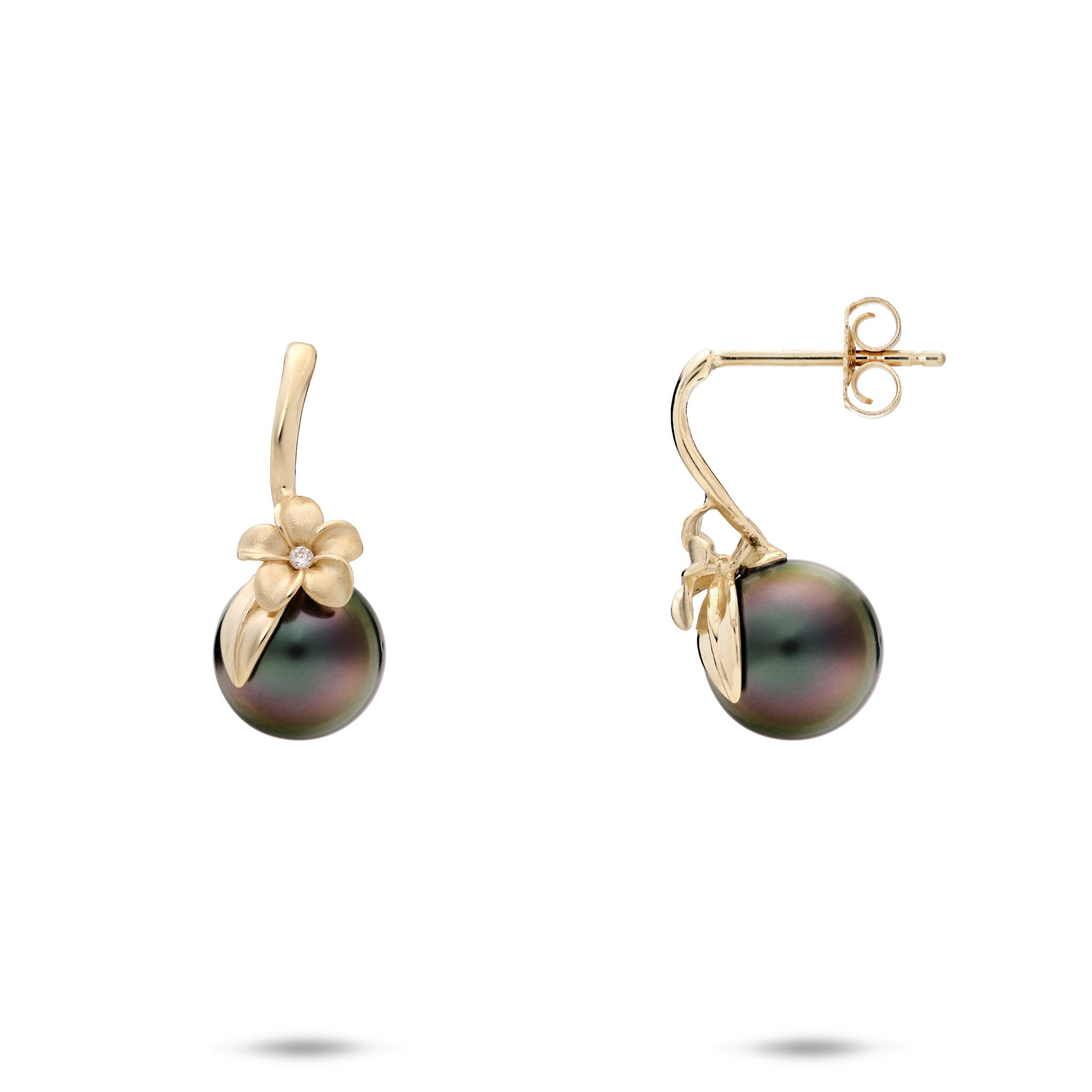 14k Yellow Gold Plumeria Stud Earrings with Diamond Accents and Tahitian Black Pearls on a white background