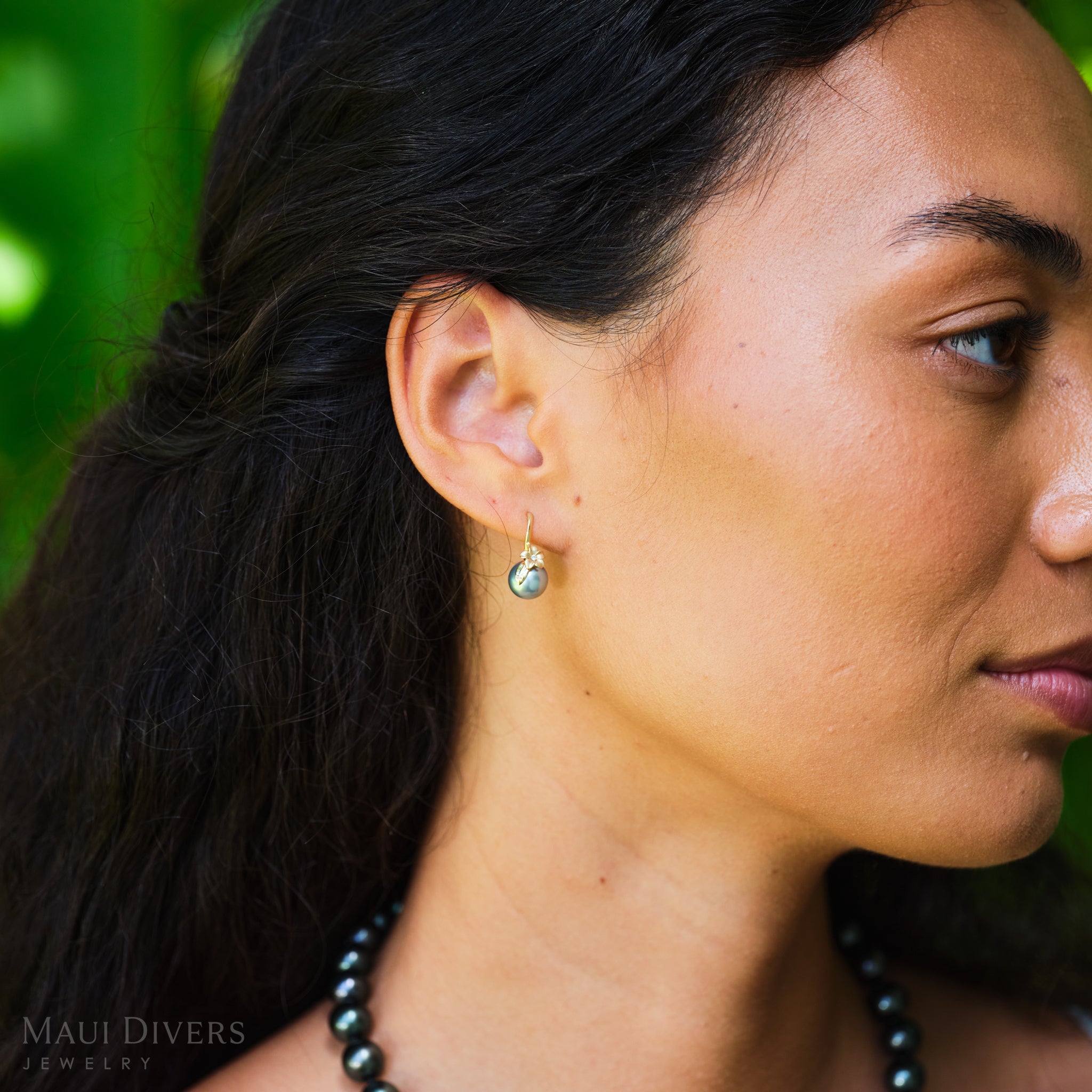 Plumeria Tahitian Black Pearl Earrings in Gold with Diamonds - 8-9mm