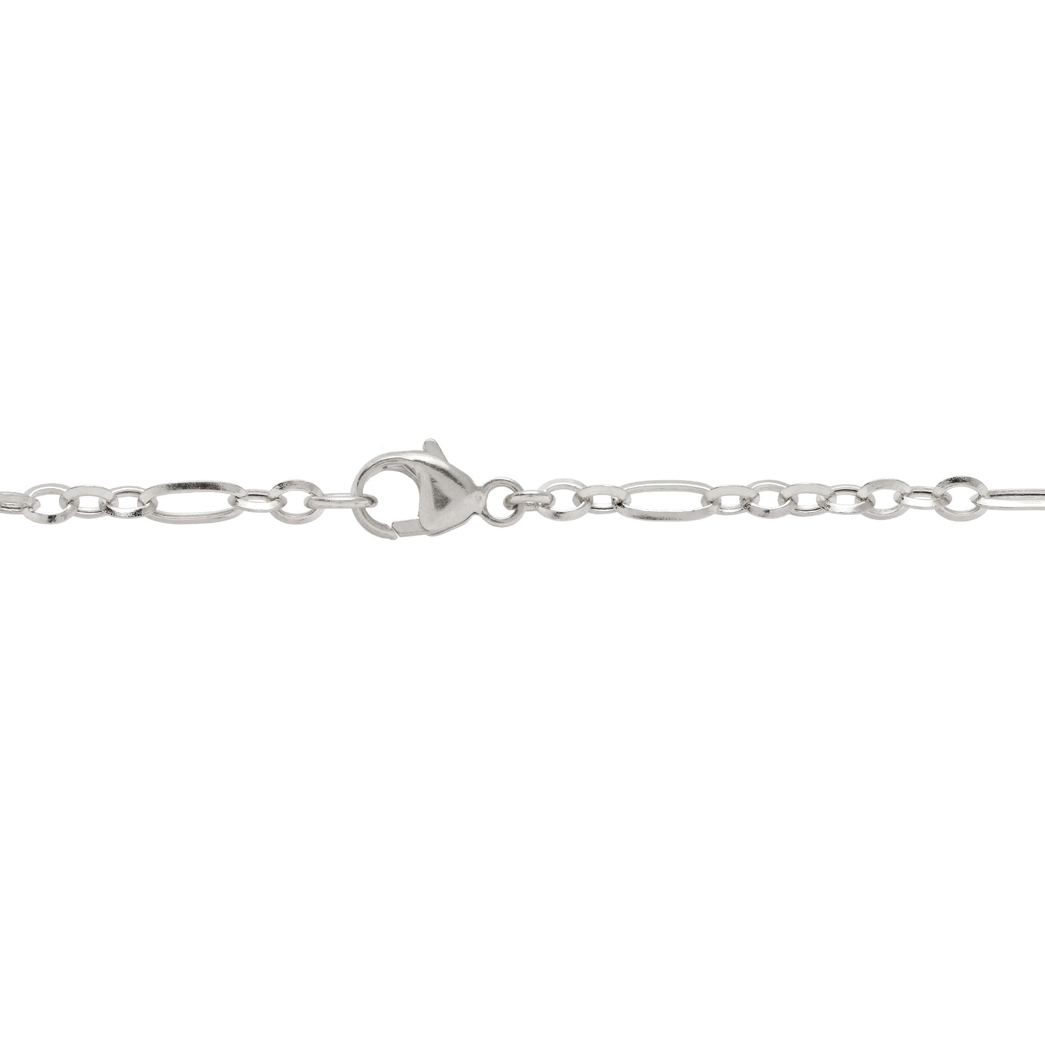 Detail shot of a 14k white gold lobster claw clasp on a figaro cable chain
