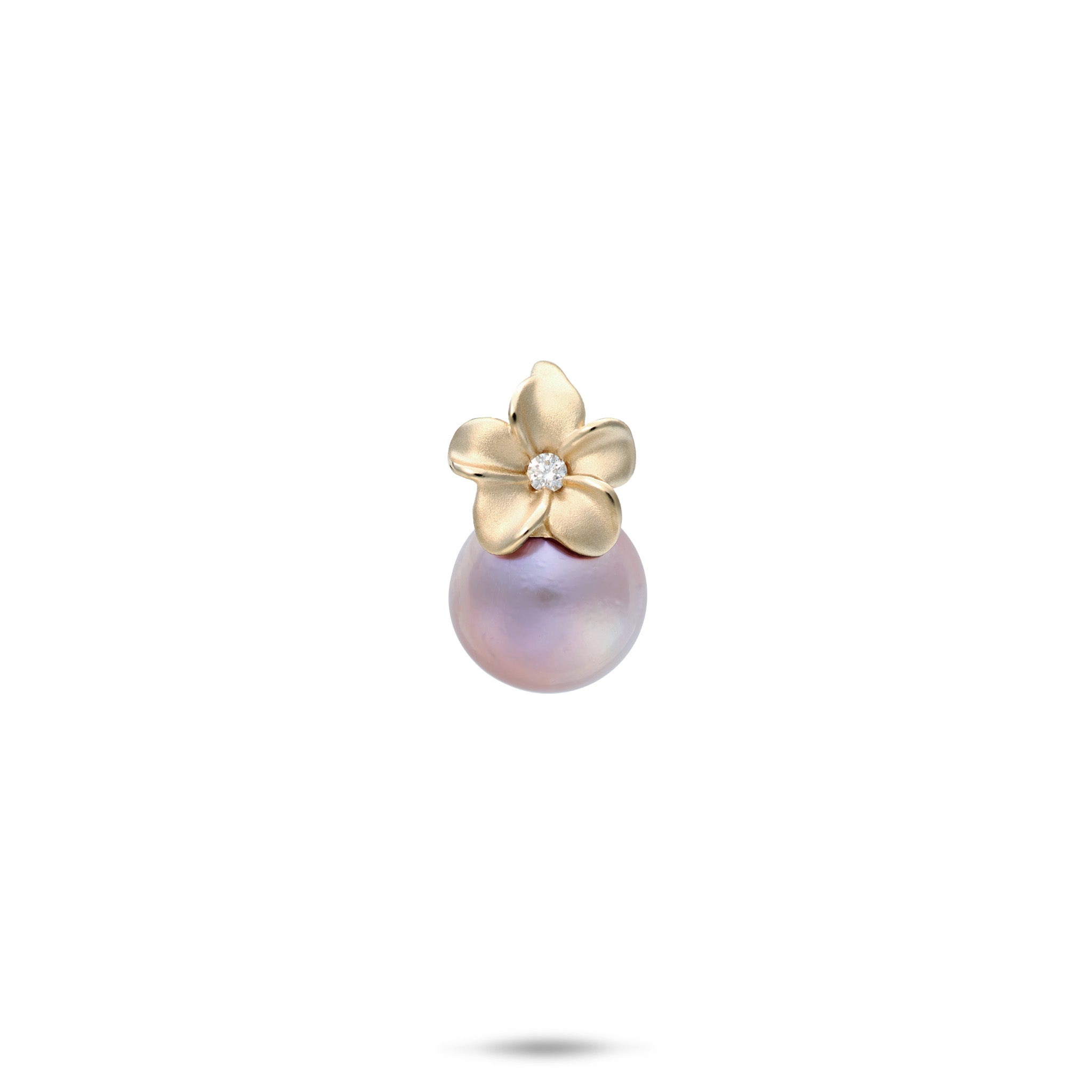14k Yellow Gold Plumeria Pendant with Diamond-accent and Lilac Freshwater Pearl on a white background