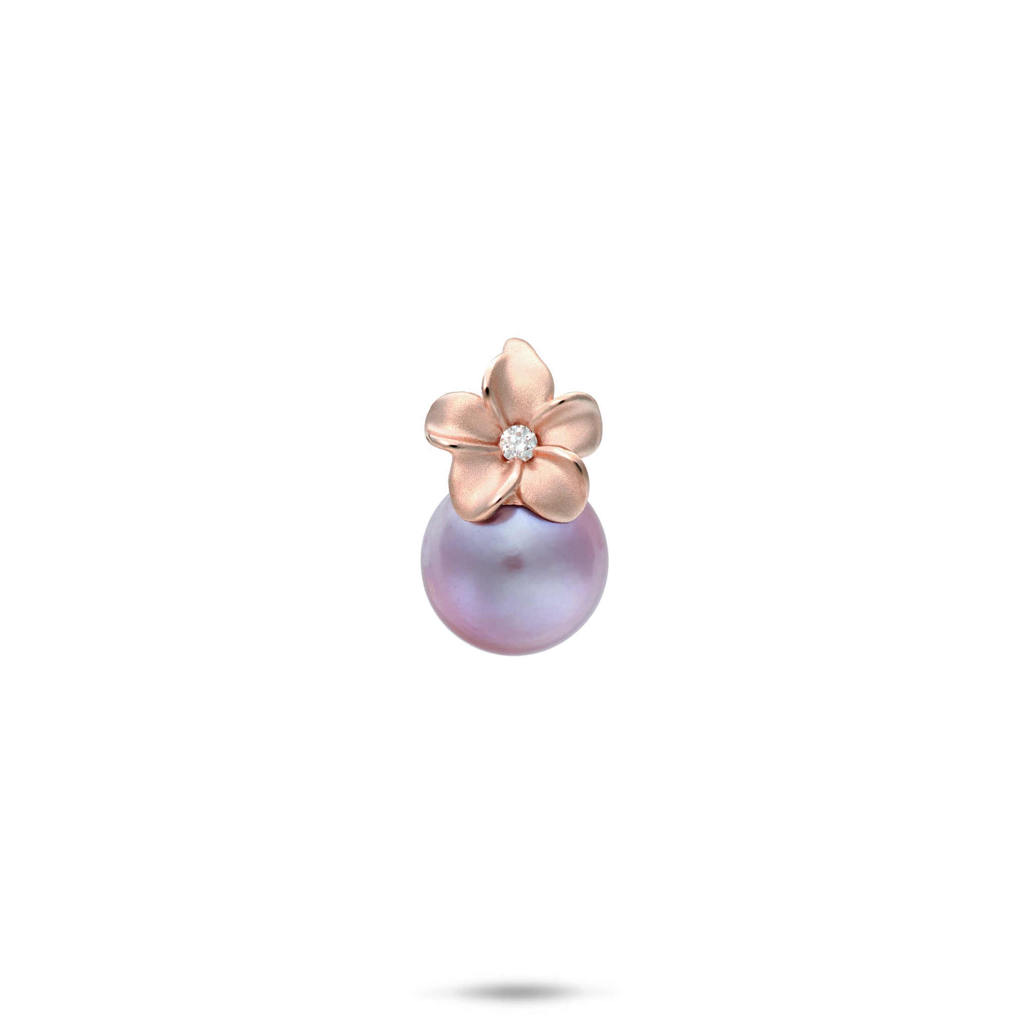14k Rose Gold Plumeria Pendant with Diamond-accent and Lilac Freshwater Pearl on a white background