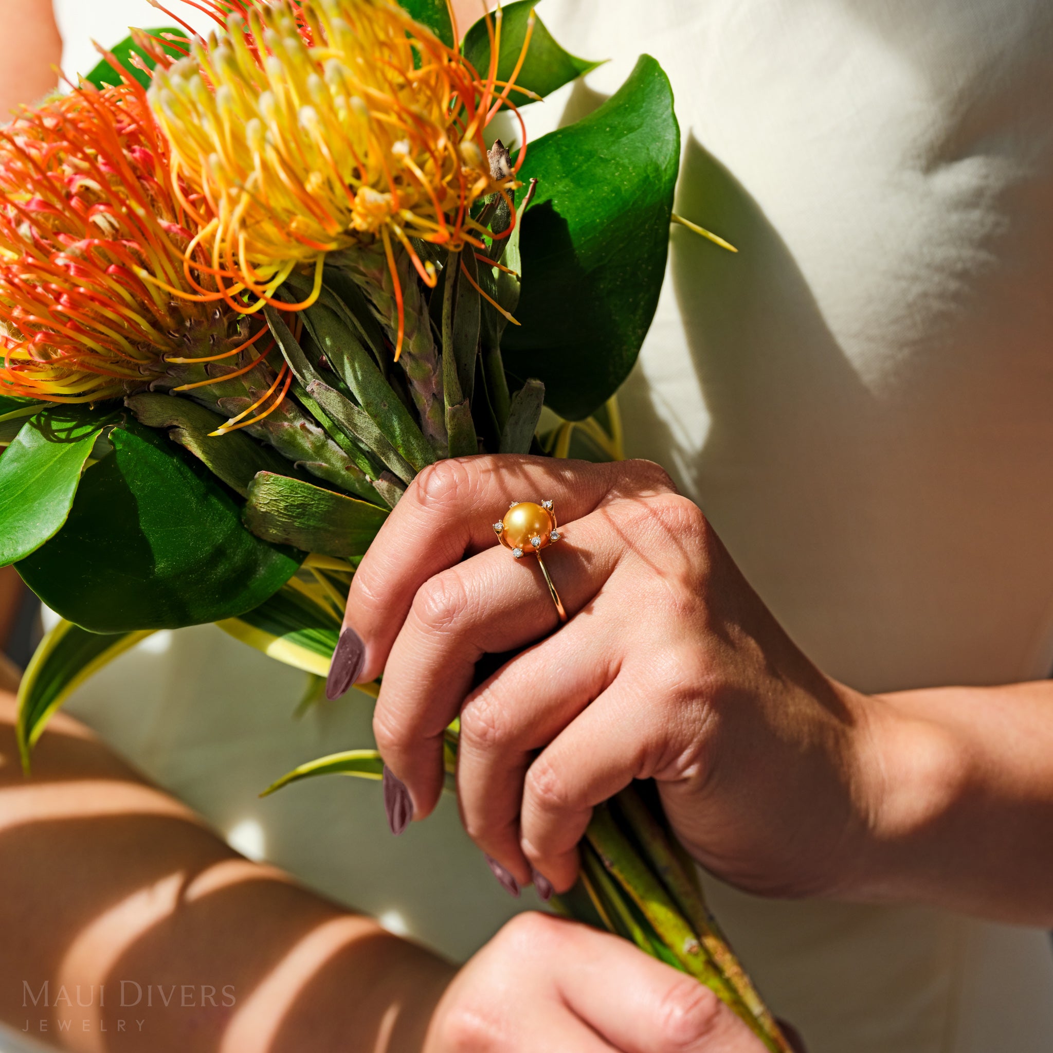 Protea South Sea Gold Pearl Ring in Gold with Diamonds - 10-11mm
