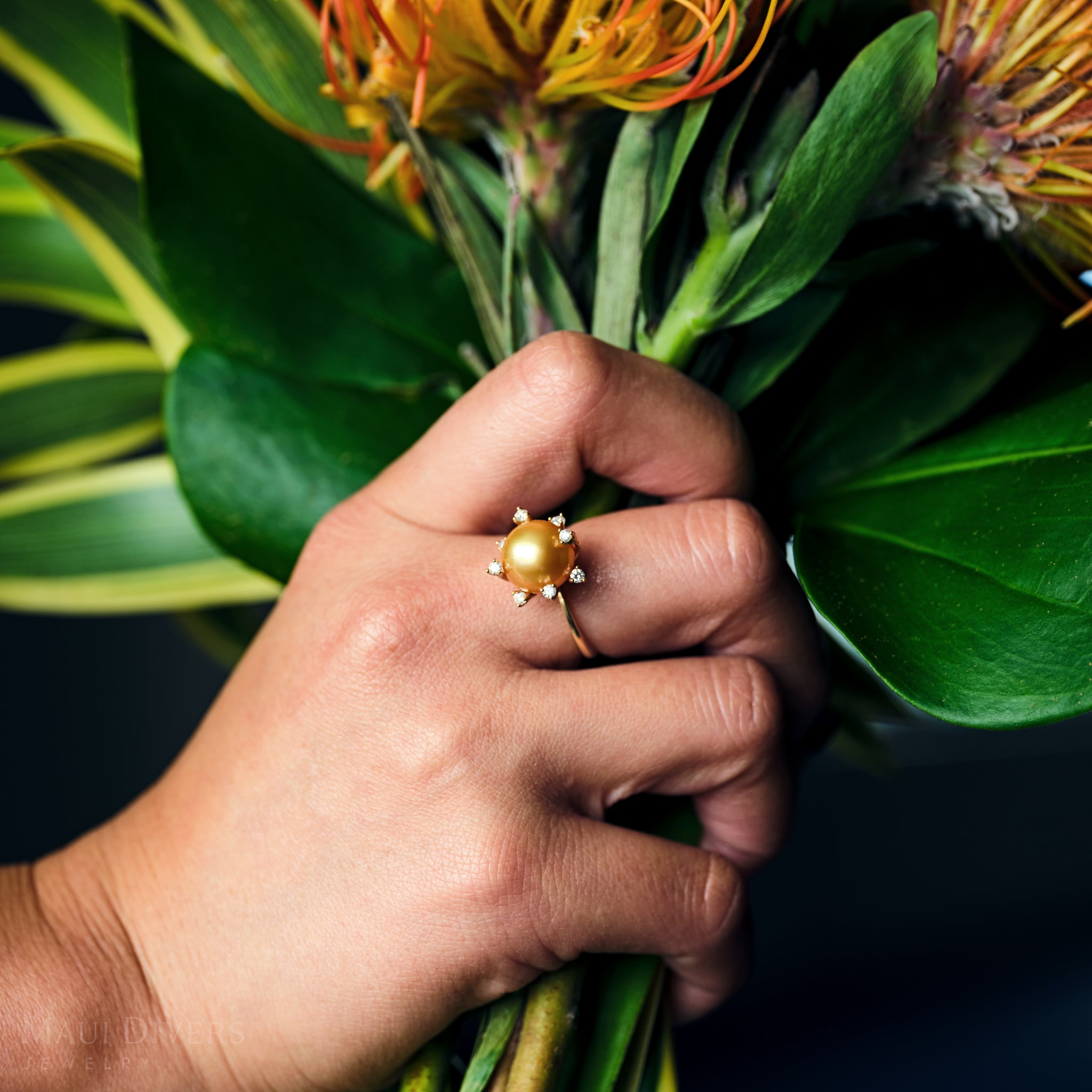 Protea South Sea Gold Pearl Ring in Gold with Diamonds - 10-11mm