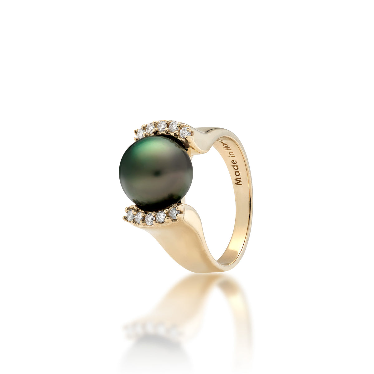A 14k yellow gold ring with a Tahitian black pearl at the crown and a curved row of diamonds on each side, shown on a white background