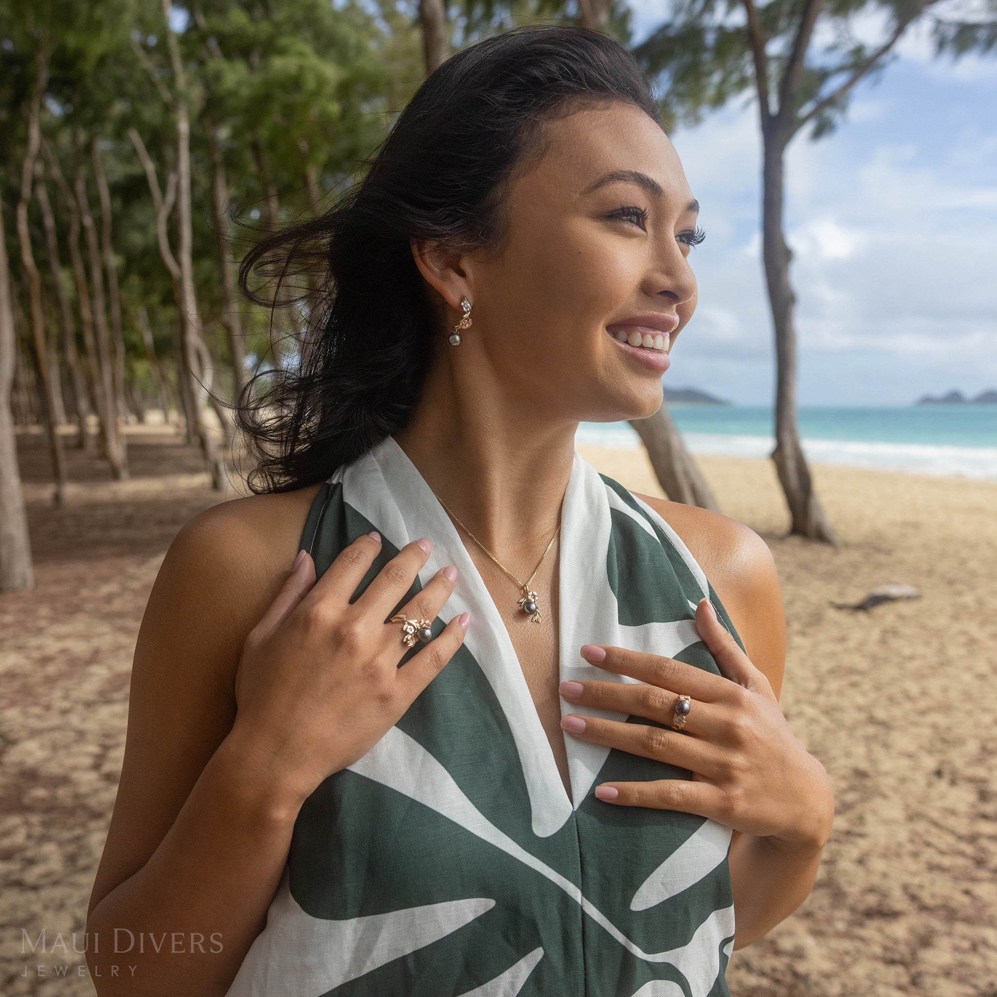 Pearls in Bloom Plumeria Tahitian Black Pearl Ring in Tri Color Gold with Diamonds - 8mm