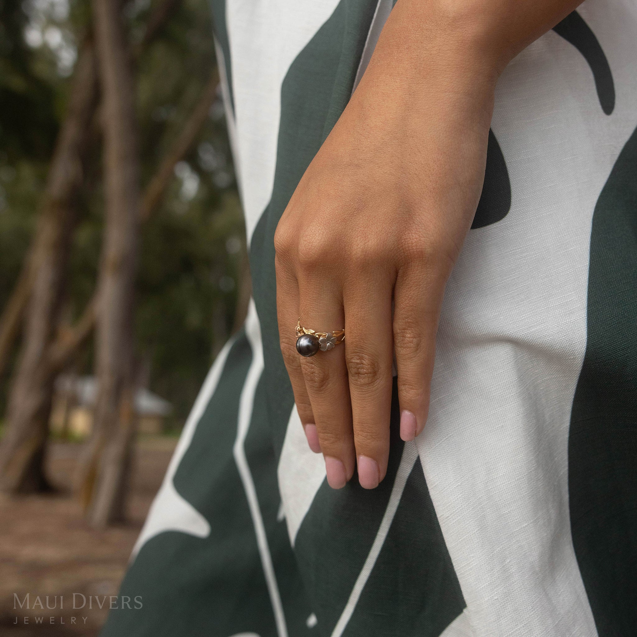 Pearls in Bloom Plumeria Tahitian Black Pearl Ring in Tri Color Gold with Diamonds - 8mm