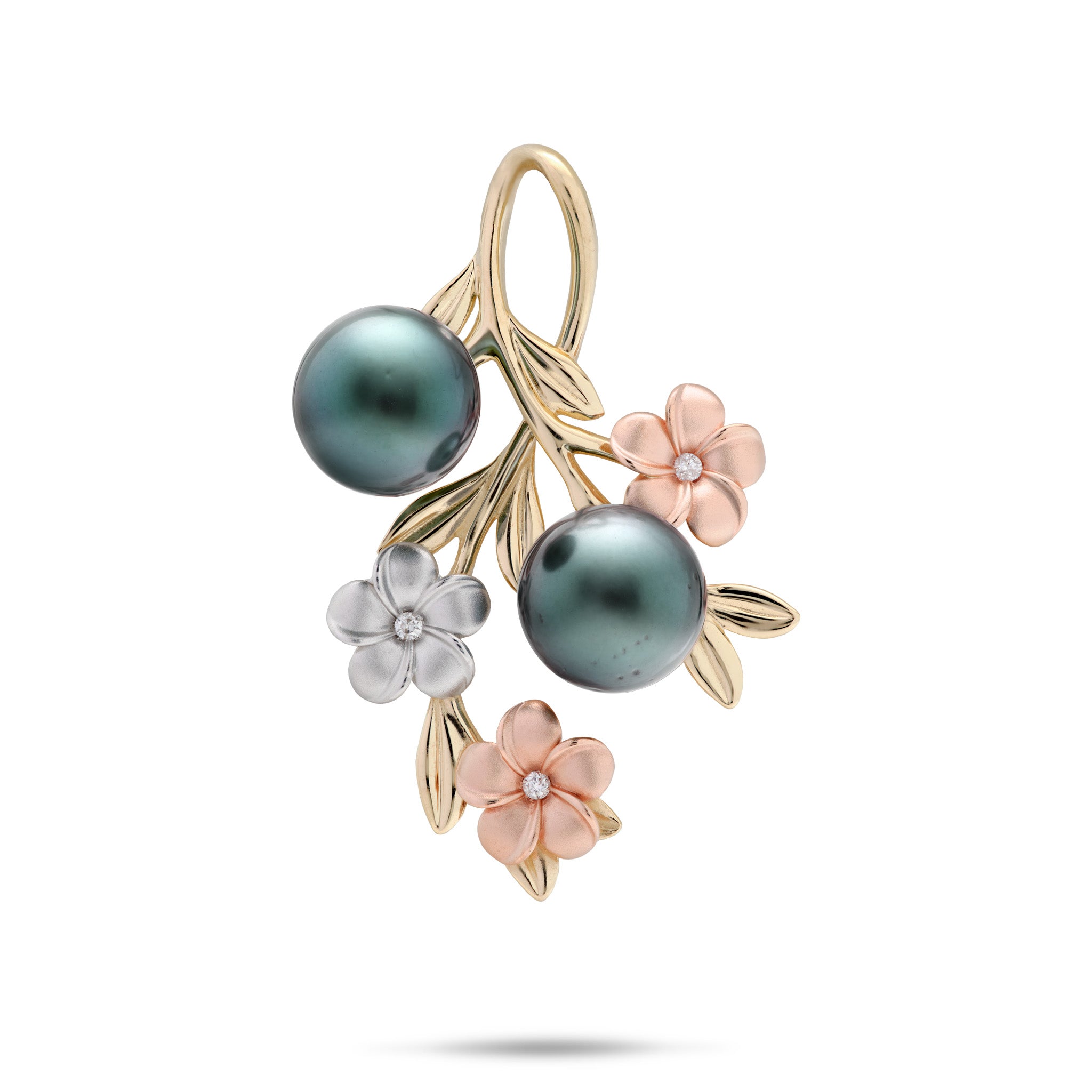 36mm Pearls in Bloom Plumeria Tahitian Black Pearl Pendant in Tri Color Gold with Diamonds on a white background
