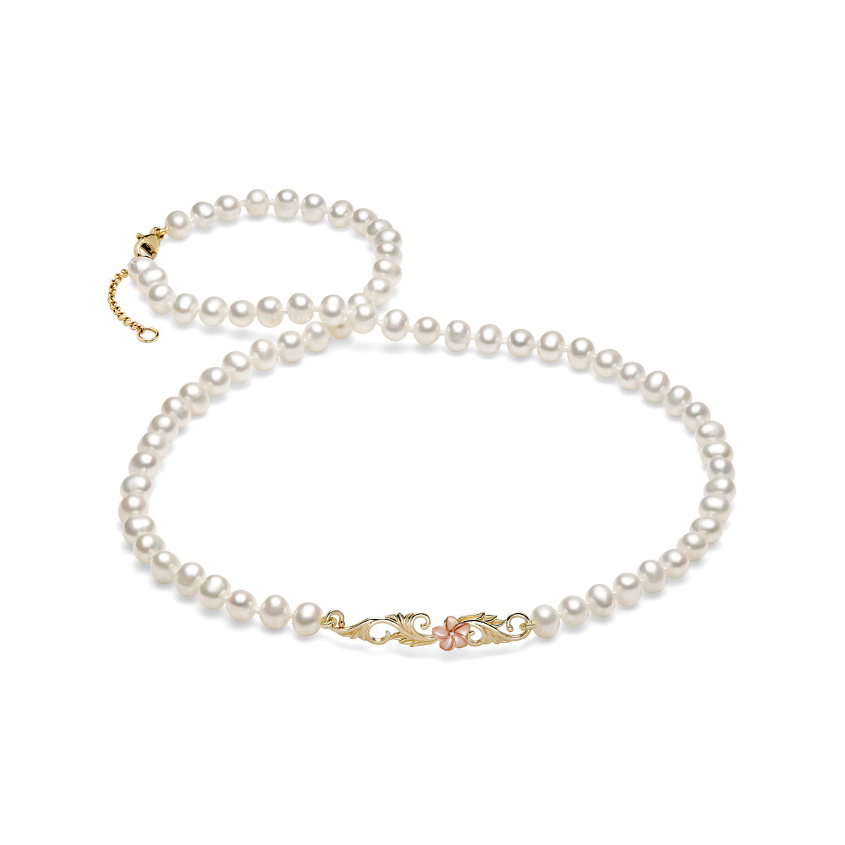 16-17" Adjustable Freshwater White Pearl Necklace with 14k Gold Hawaiian Heirloom Maile and Hapuʻu Fern design and 14k Rose Gold Plumeria detail placed on a white background