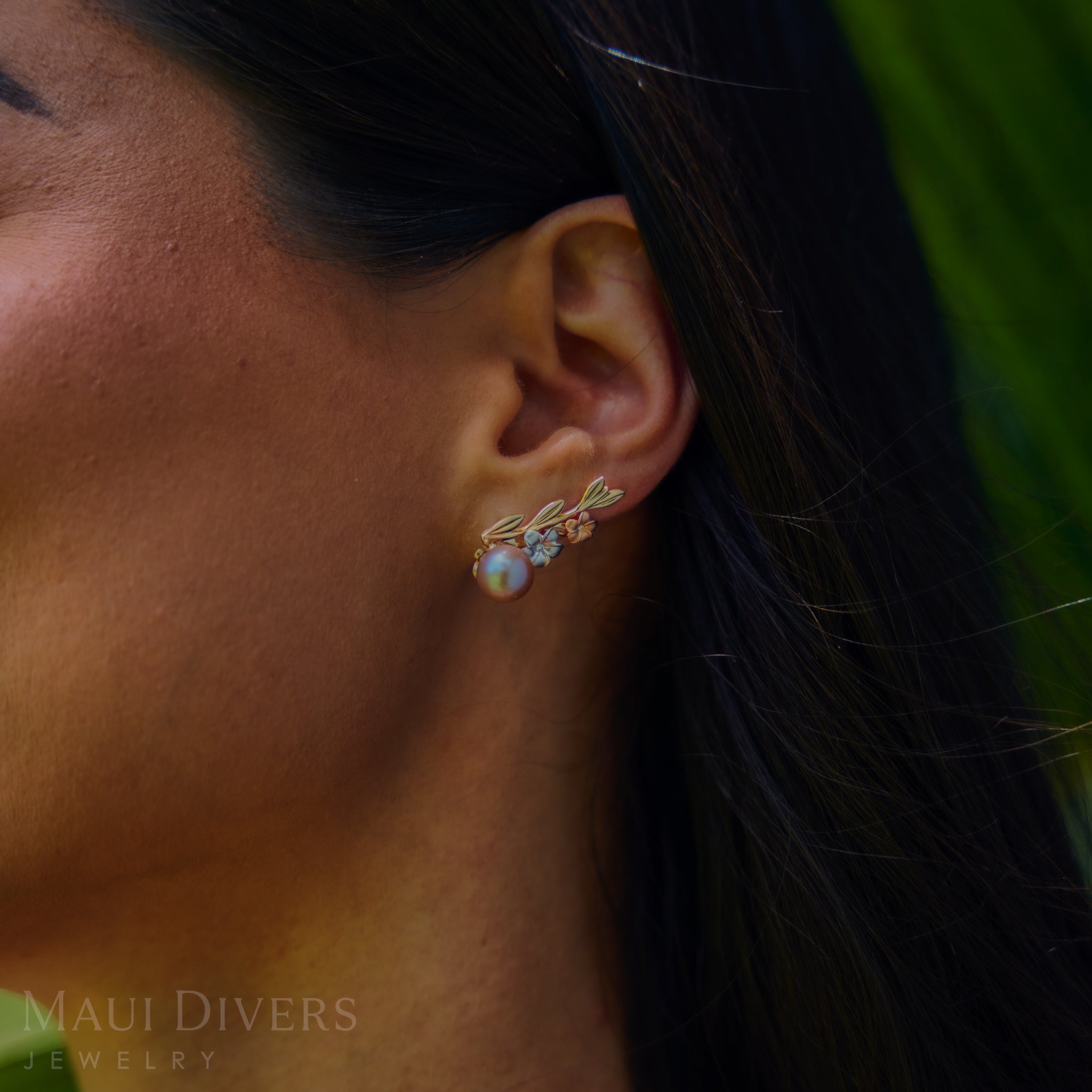 Pearls in Bloom Plumeria Lavender Freshwater Pearl Climber Earrings in Tri Color Gold with Diamonds