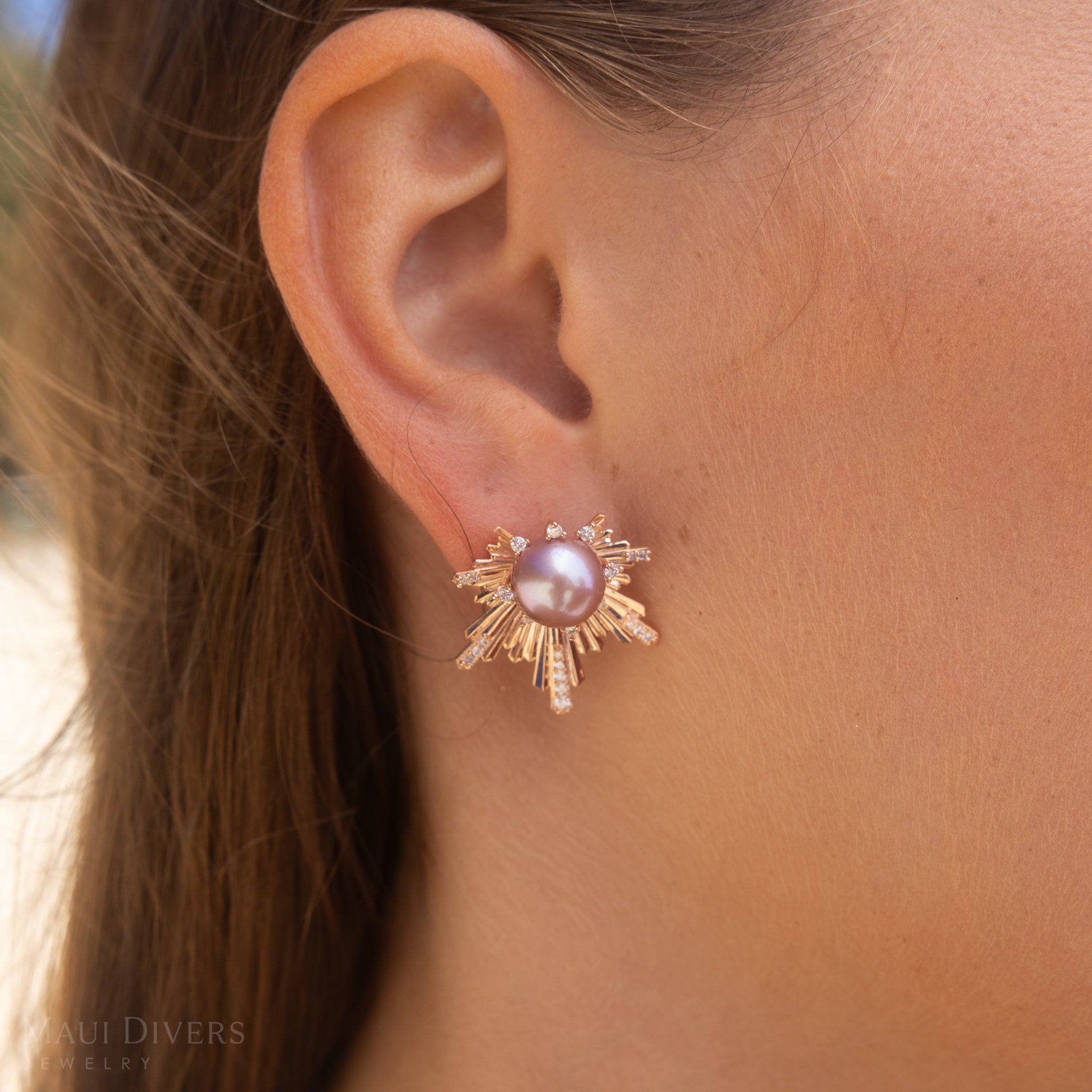 E Hoʻāla Lavender Freshwater Pearl Earrings in Rose Gold with Diamonds - 23mm