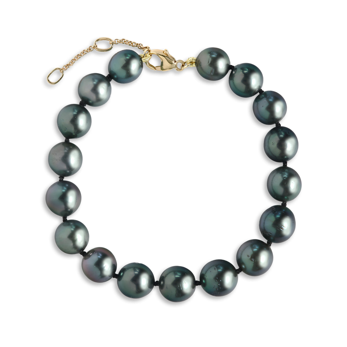 Top view 7.5-9" Adjustable 8-10mm Tahitian Black Pearl Bracelet with Gold lobster claps on a white background