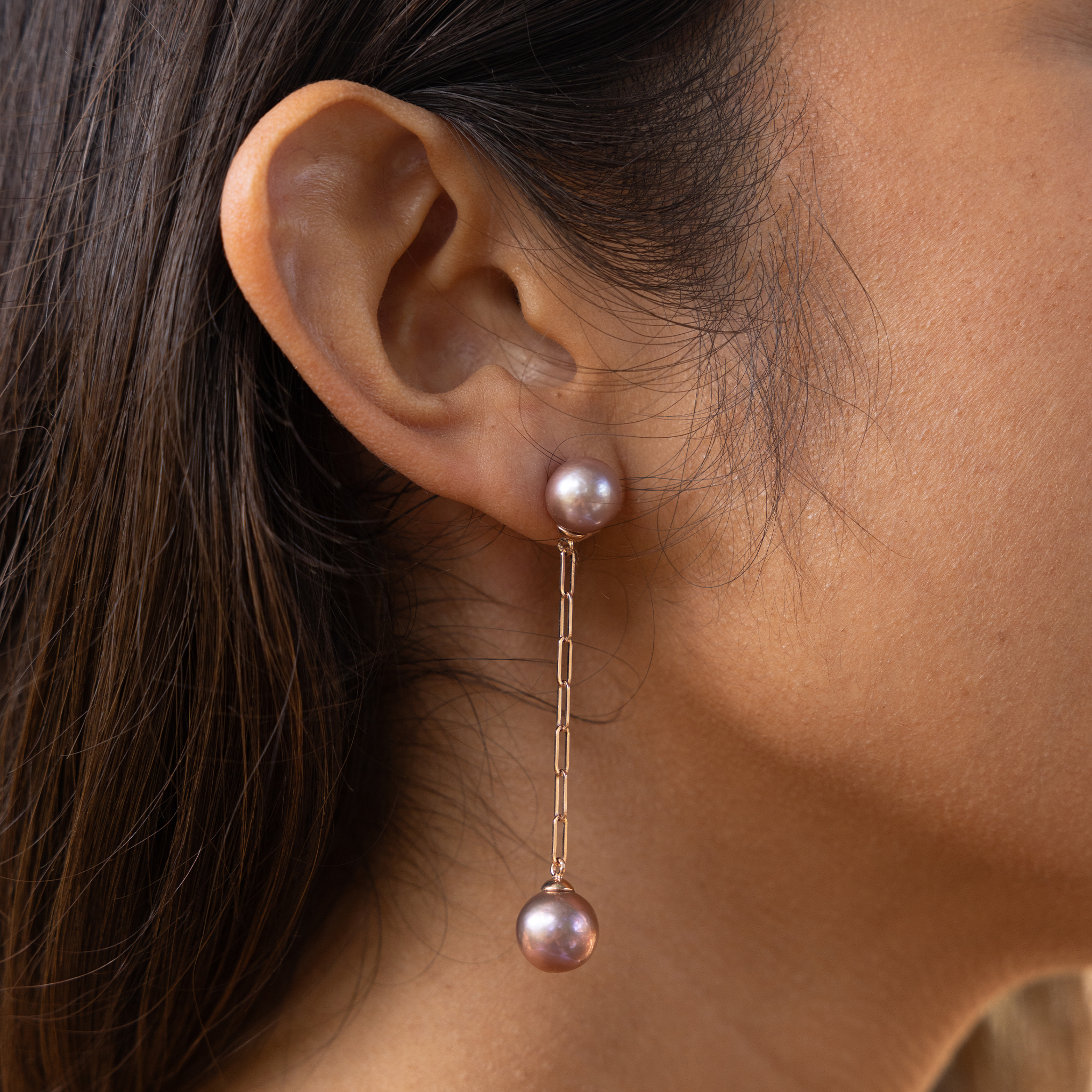 Freshwater Ultraviolet Pearl Paperclip Chain Earrings in Rose Gold - 9-10mm