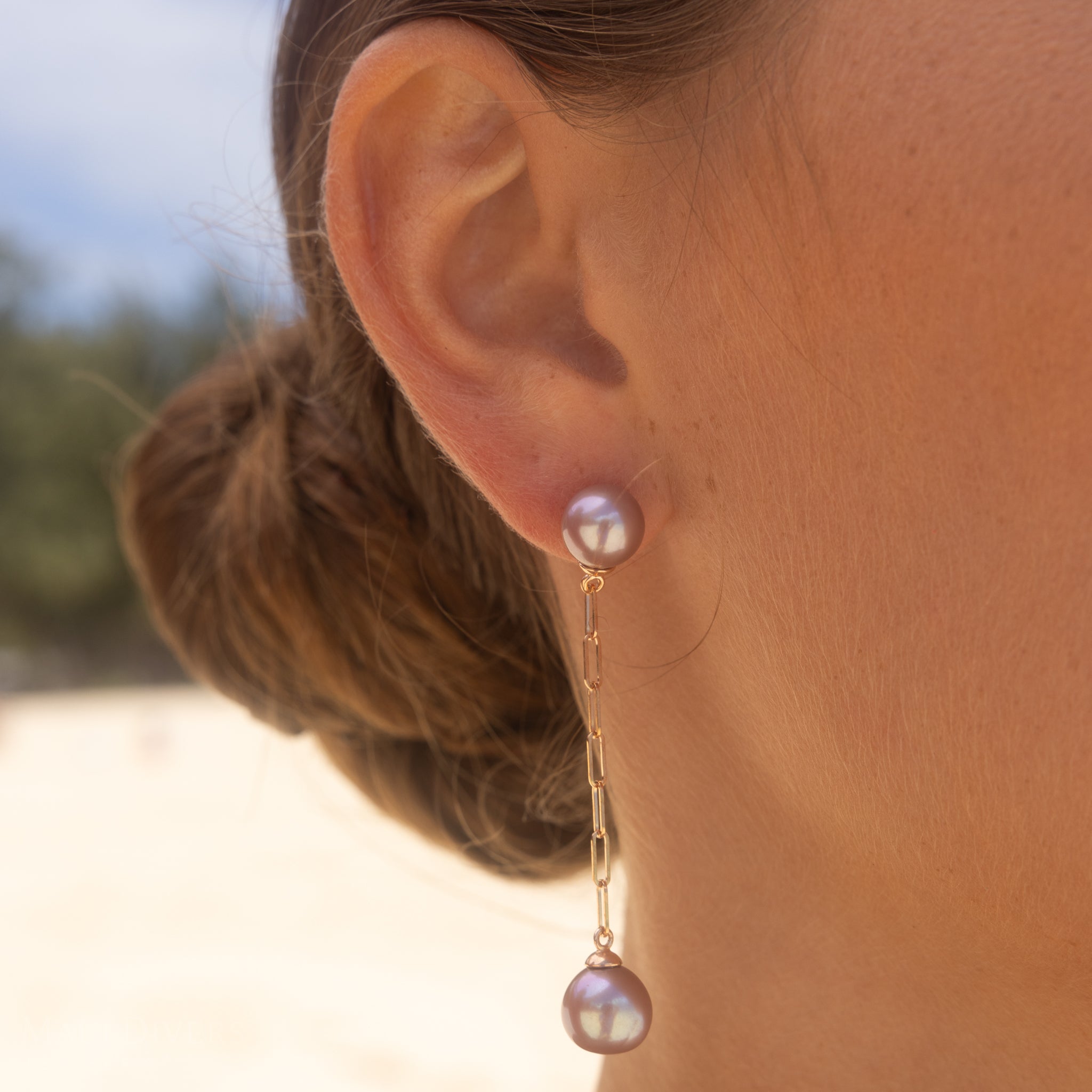 Ultraviolet Freshwater Pearl Paperclip Chain Earrings in Rose Gold - 9-10mm
