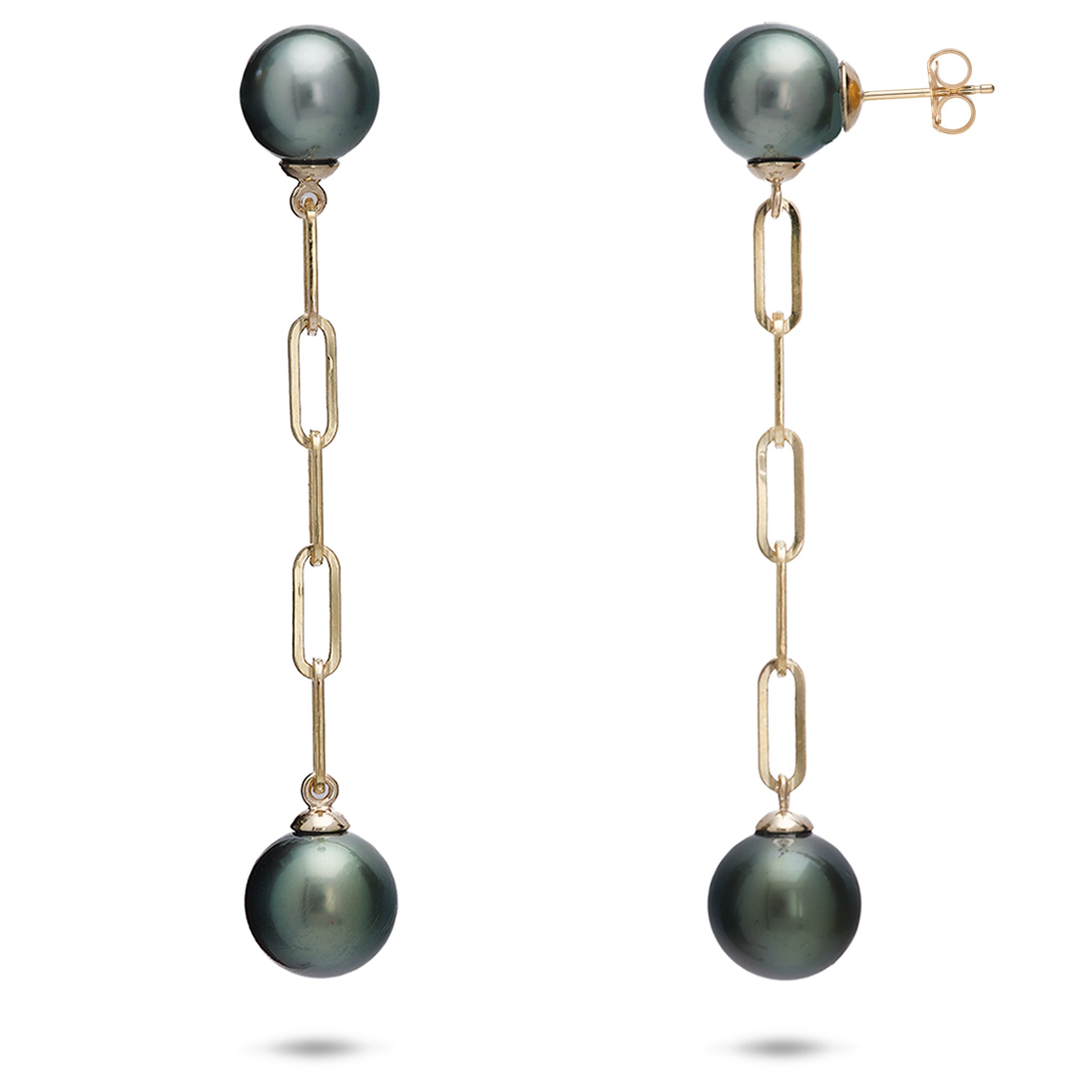 9-10mm Tahitian Black Pearl Paperclip Chain Earrings in 14k Yellow Gold