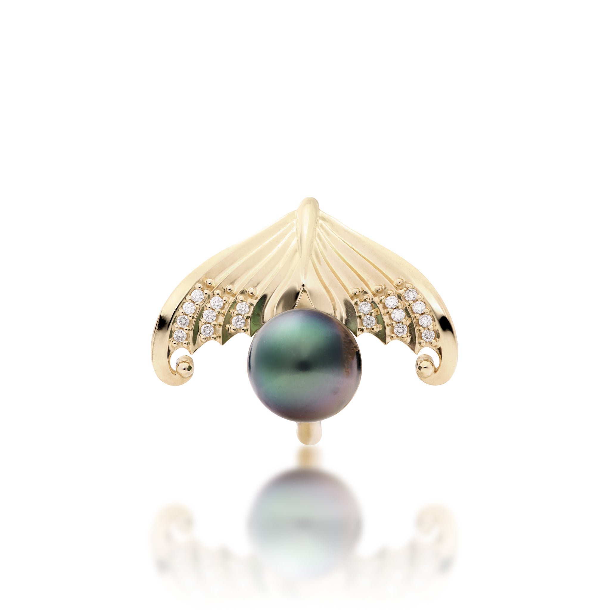 Top view of the Diamond Mermaid Tail and Tahitian Black Pearl Ring in 14k Yellow Gold on a white background