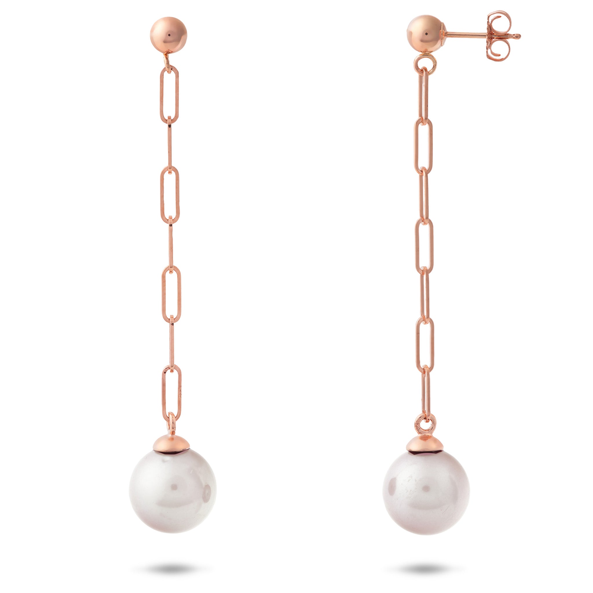 8mm Akoya White Pearl Paperclip Chain Earrings in 14k Rose Gold