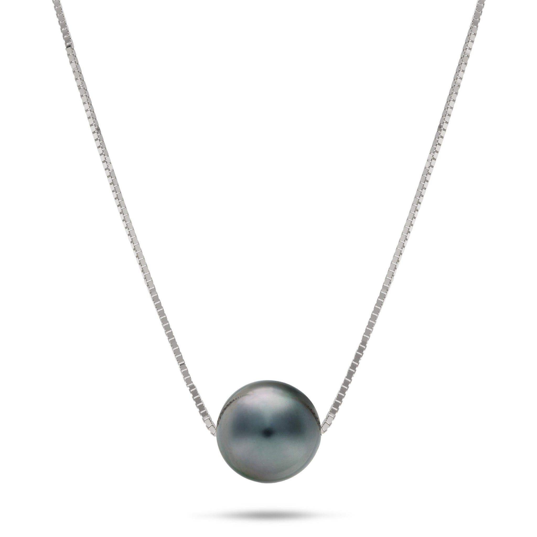 0.8mm Box Chain Necklace in 14k White Gold with a Sliding 9-10mm Tahitian Black Pearl on a white background