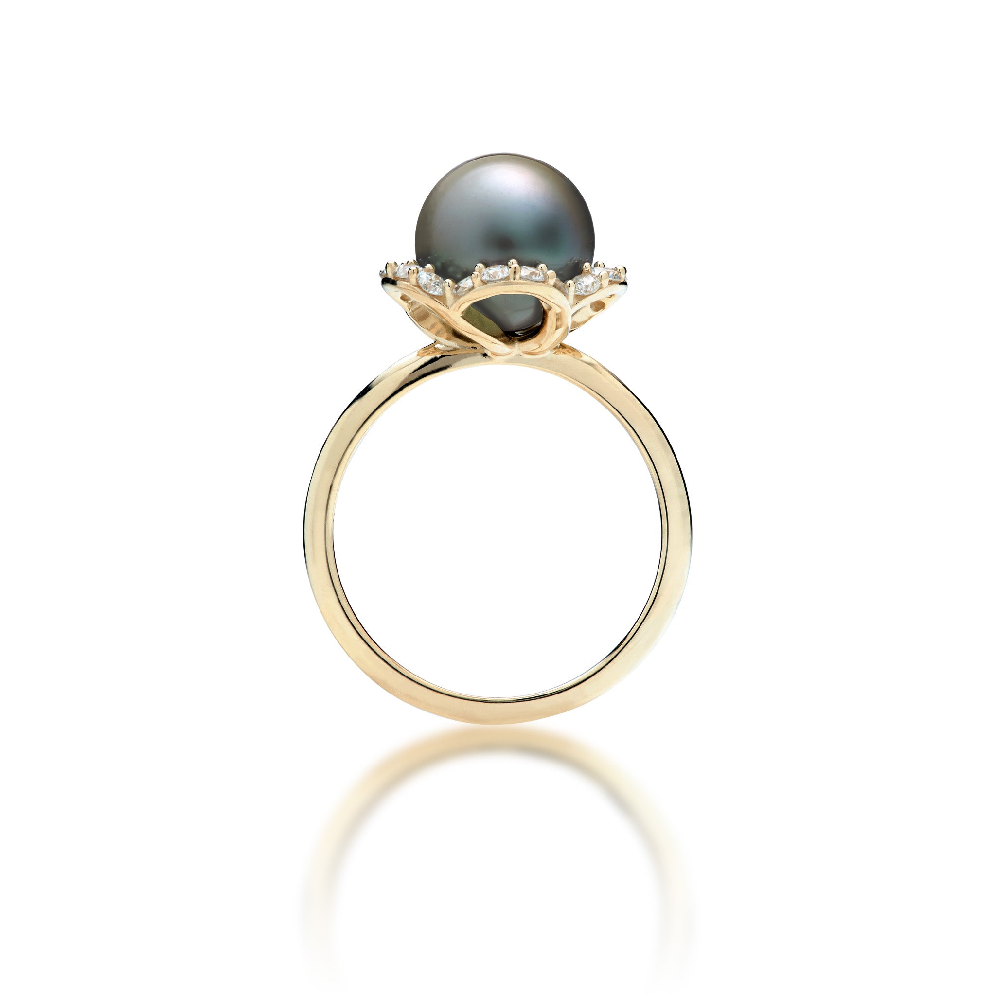 Side view of the Diamond Plumeria Tahitian Black Pearl Ring in 14k Yellow Gold on a white background