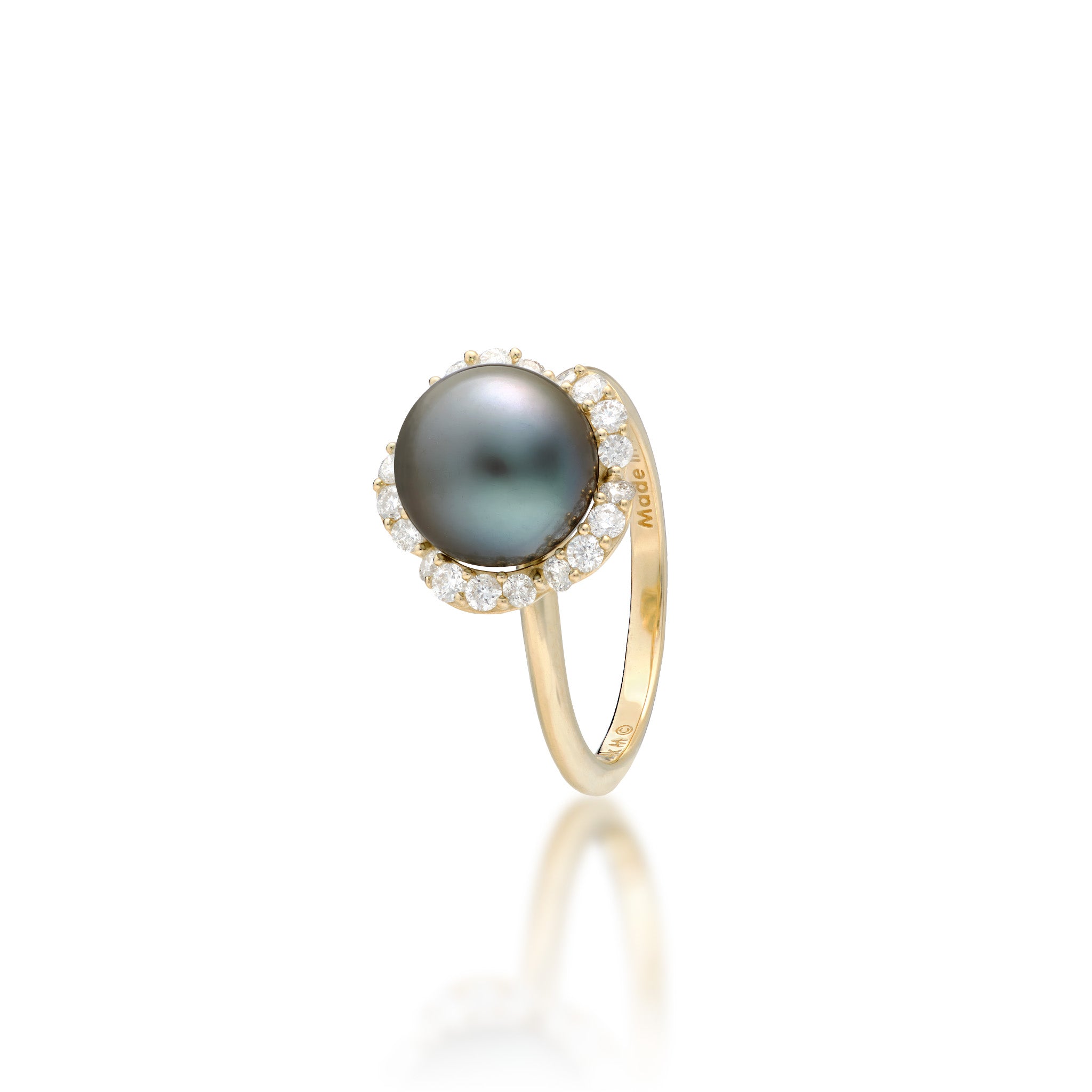 Angle view of the Diamond Plumeria Tahitian Black Pearl Ring in 14k Yellow Gold on a white background