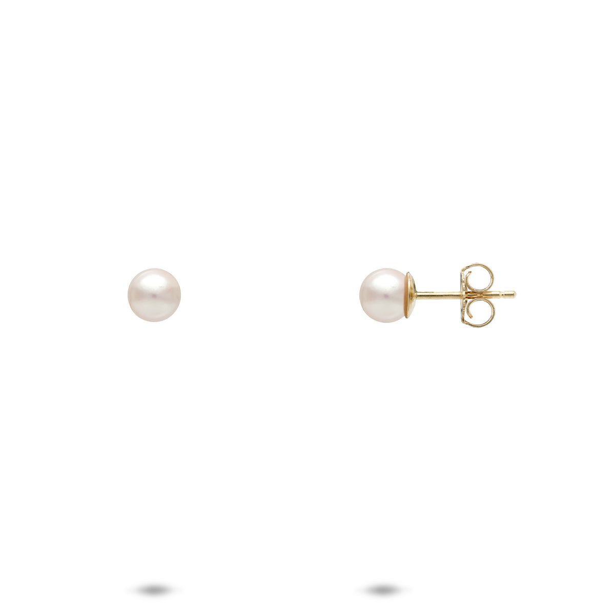 A pair of 4.5-5mm Akoya White Pearl stud earrings set in 14k yellow gold posts, shown against a solid white background with one earring facing forward and the other showing the post and butterfly back.