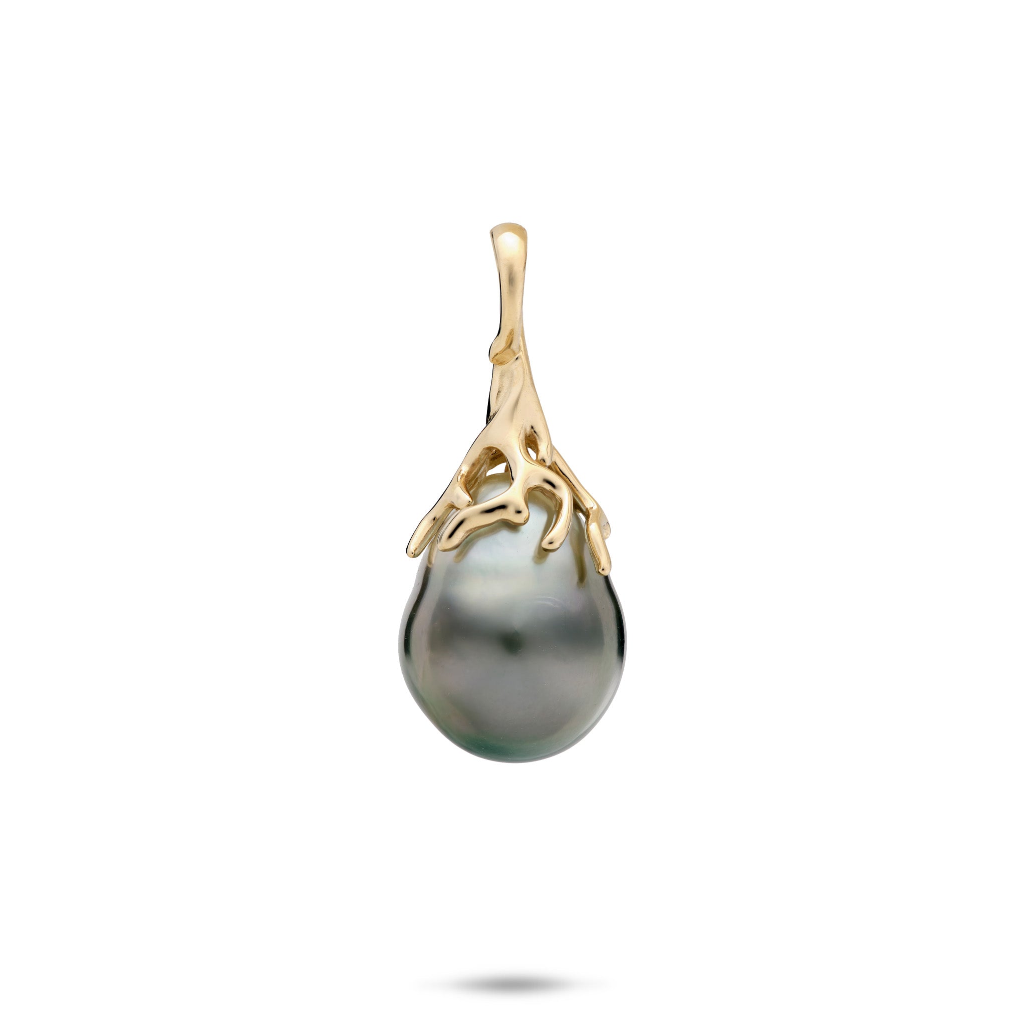 Tahitian black pearl Pendant with a 14k Yellow Gold Hawaiian black coral branch inspired design on a white background