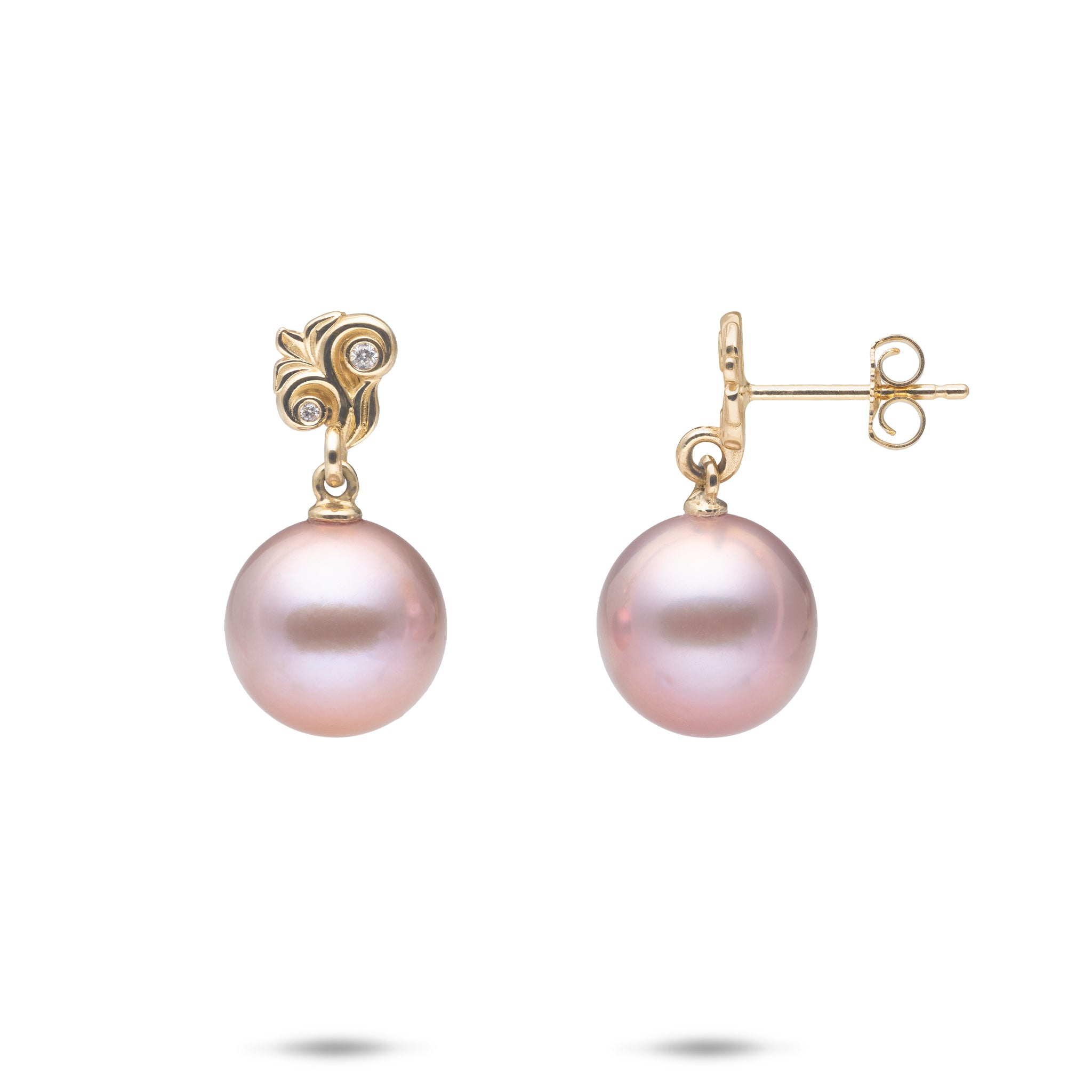 Living Heirloom Lilac Freshwater Pearl Earrings in Gold with Diamonds - 10-11mm