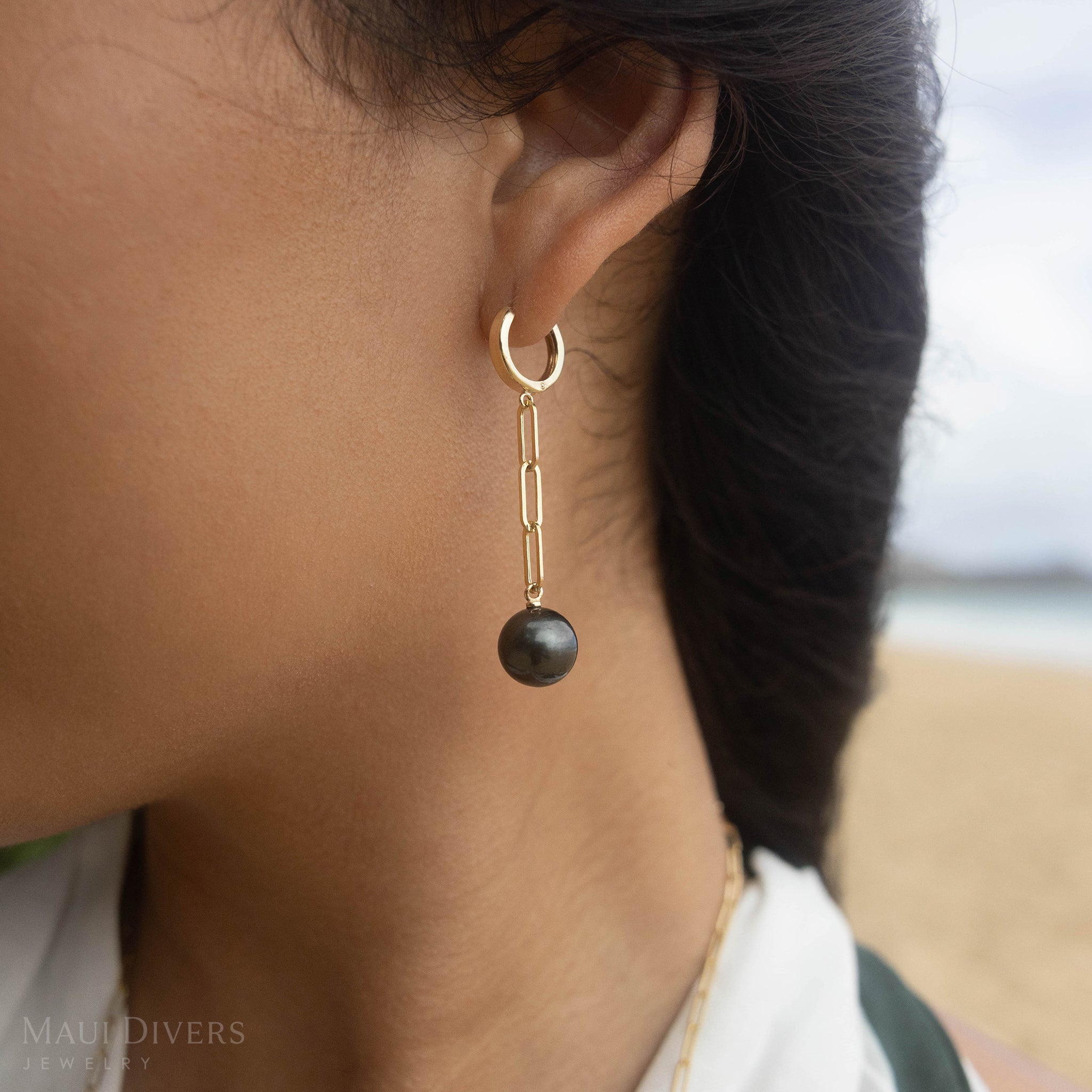 Tahitian Black Pearl Paperclip Chain Earrings in Gold - 10-11mm