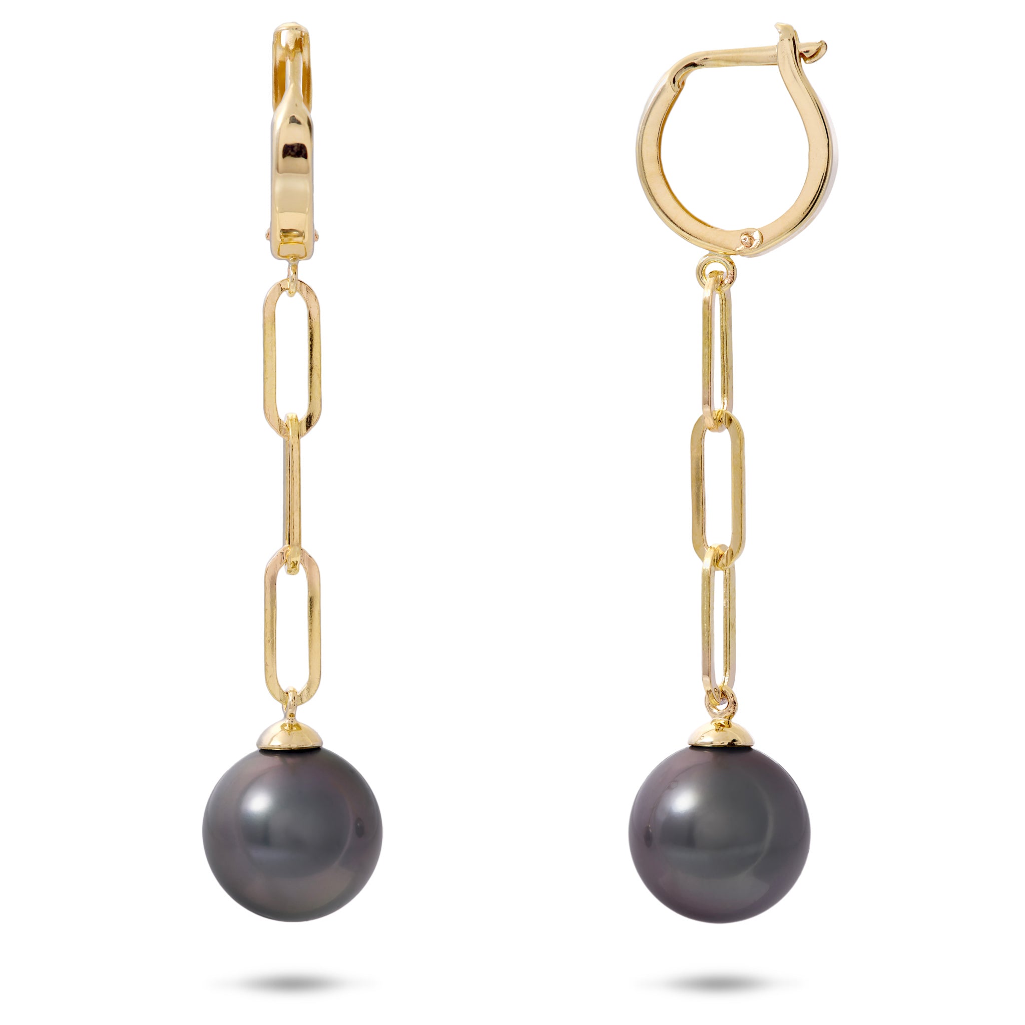 Tahitian Black Pearl Paperclip Chain Earrings in Gold - 10-11mm