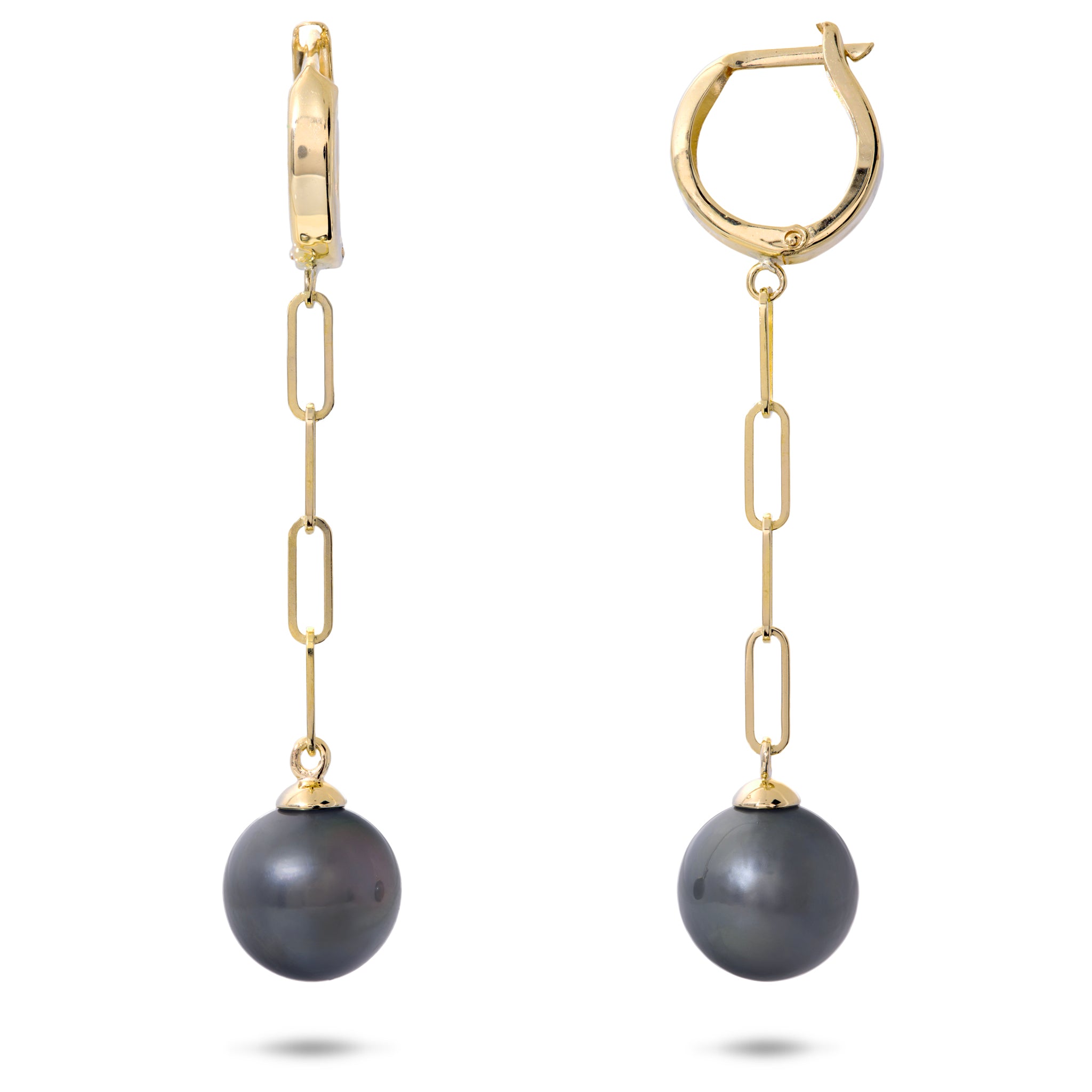 Tahitian Black Pearl Paperclip Chain Earrings in Gold - 9-11mm