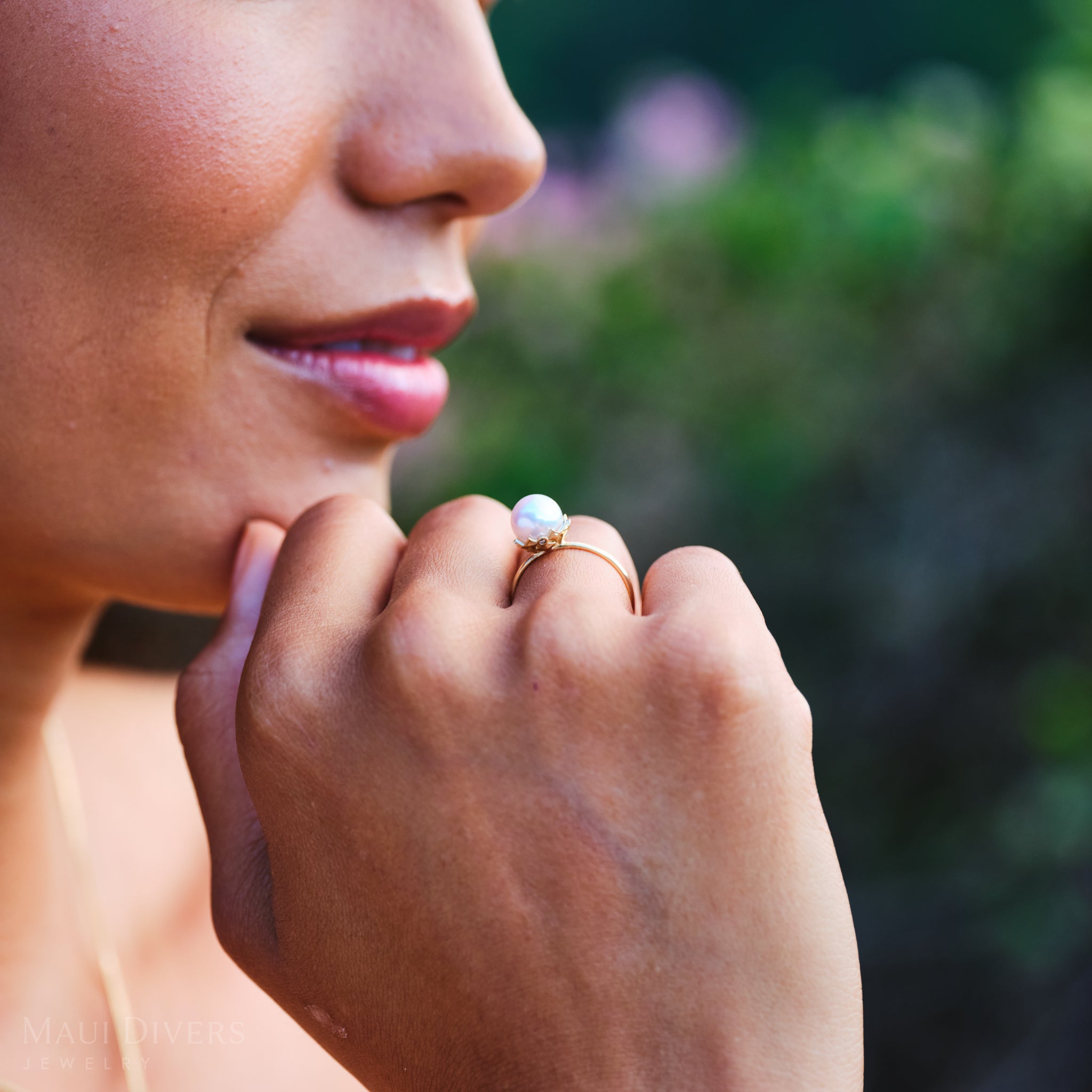 Hawaiian Quilted Star Akoya White Pearl Ring in Gold with Diamonds - 8mm