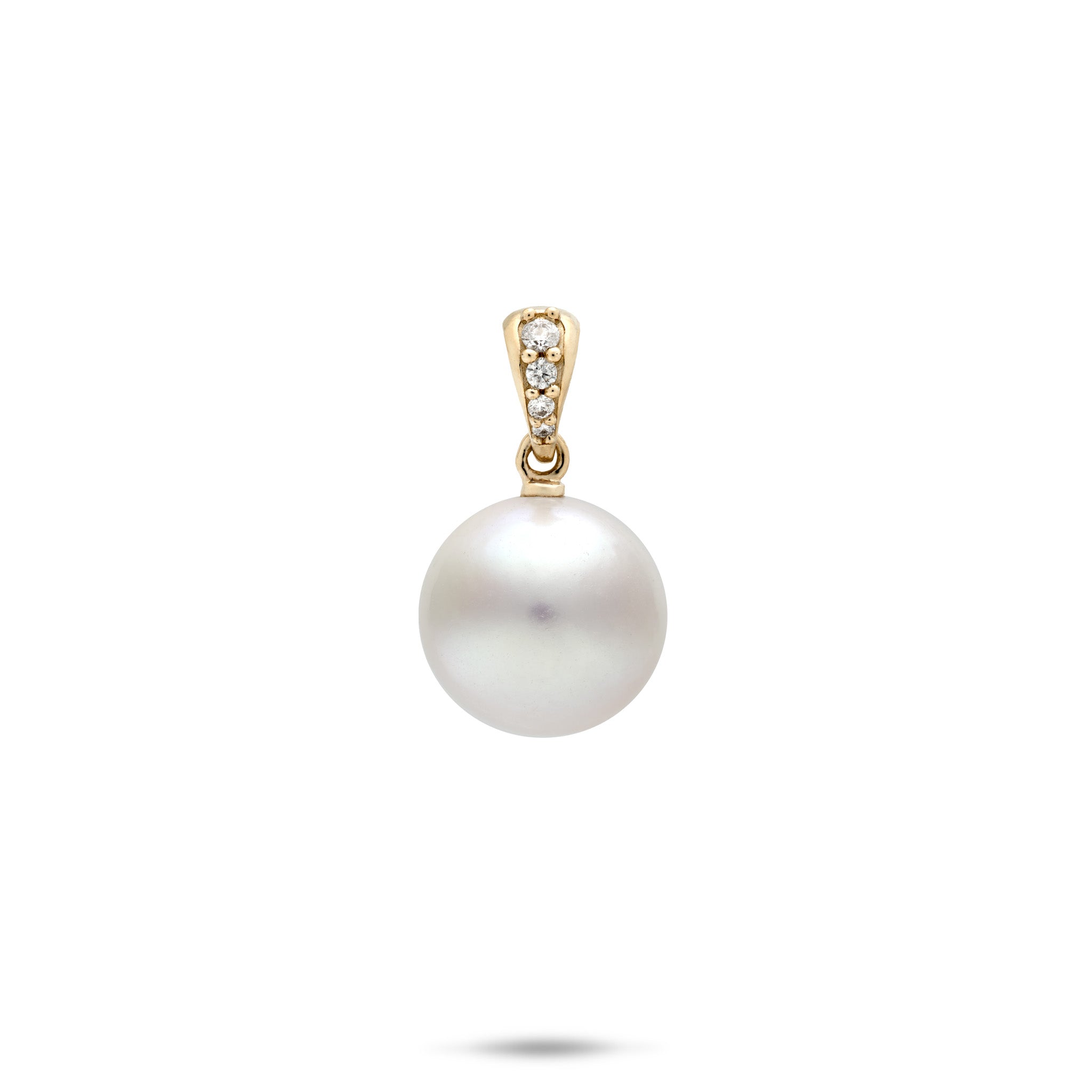 A Freshwater White Pearl Pendant with an 11-12mm pearl and a high-polish 14k yellow gold bail with a vertical row of four diamonds, shown on a white background