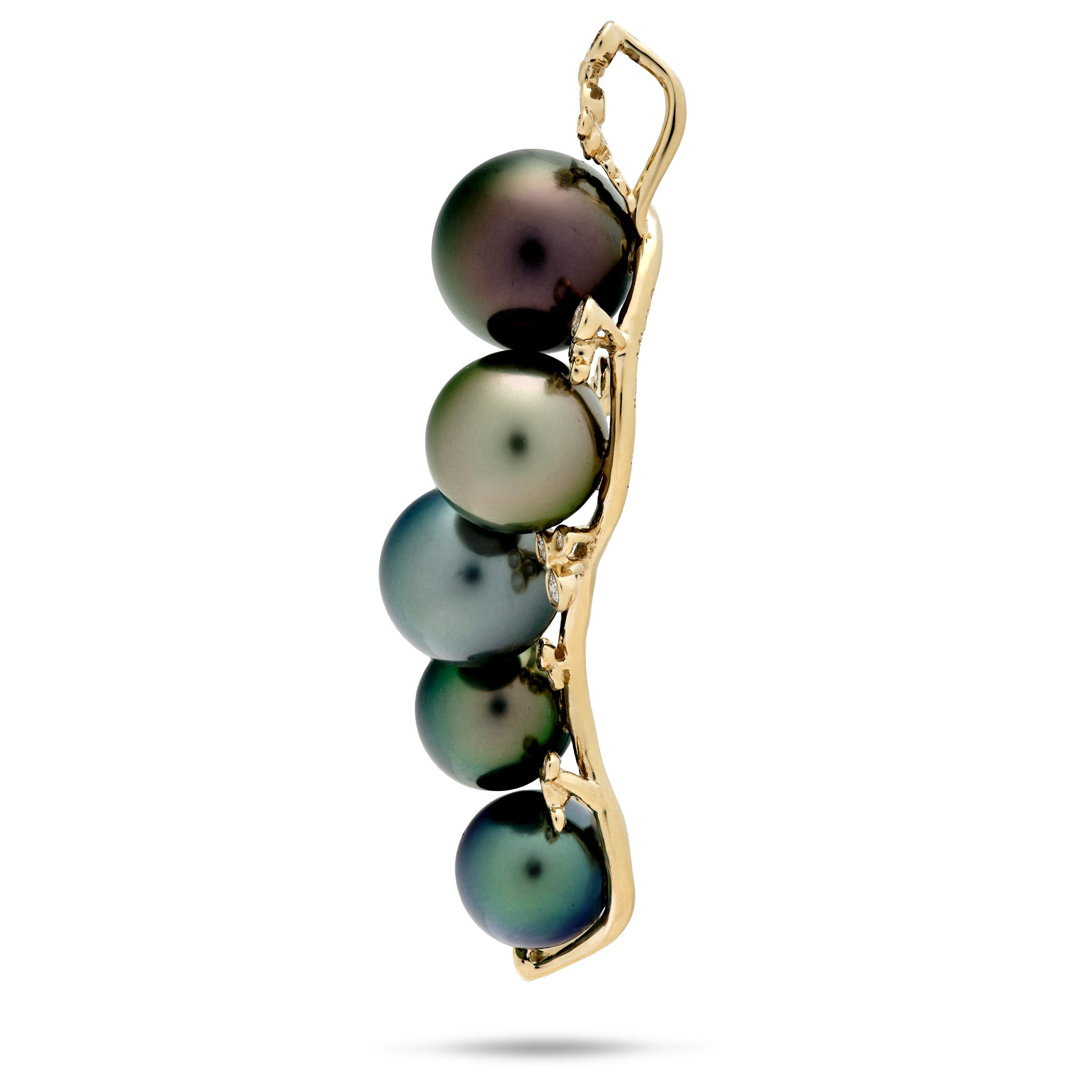 Side view of a vertical, wavy bubble-inspired 14k gold pendant featuring five varying sizes of Tahitian black pearls with iridescent dark green and blue-black overtones, each accented with small bubbling-like diamonds, set against a plain white background.