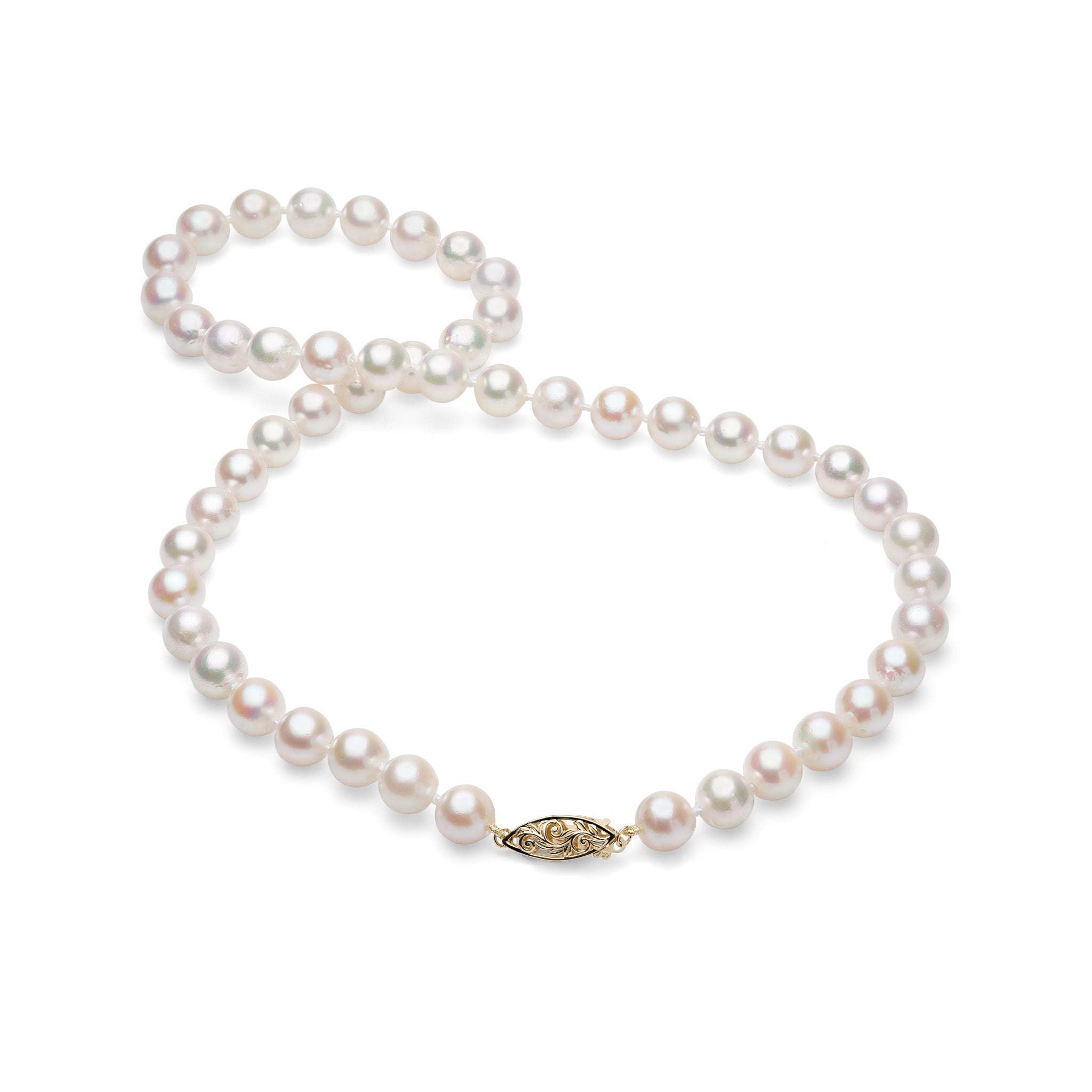 Graduated 8.5-9mm Akoya white pearl strand with a 14k yellow gold Living Heirloom style clasp on a white background