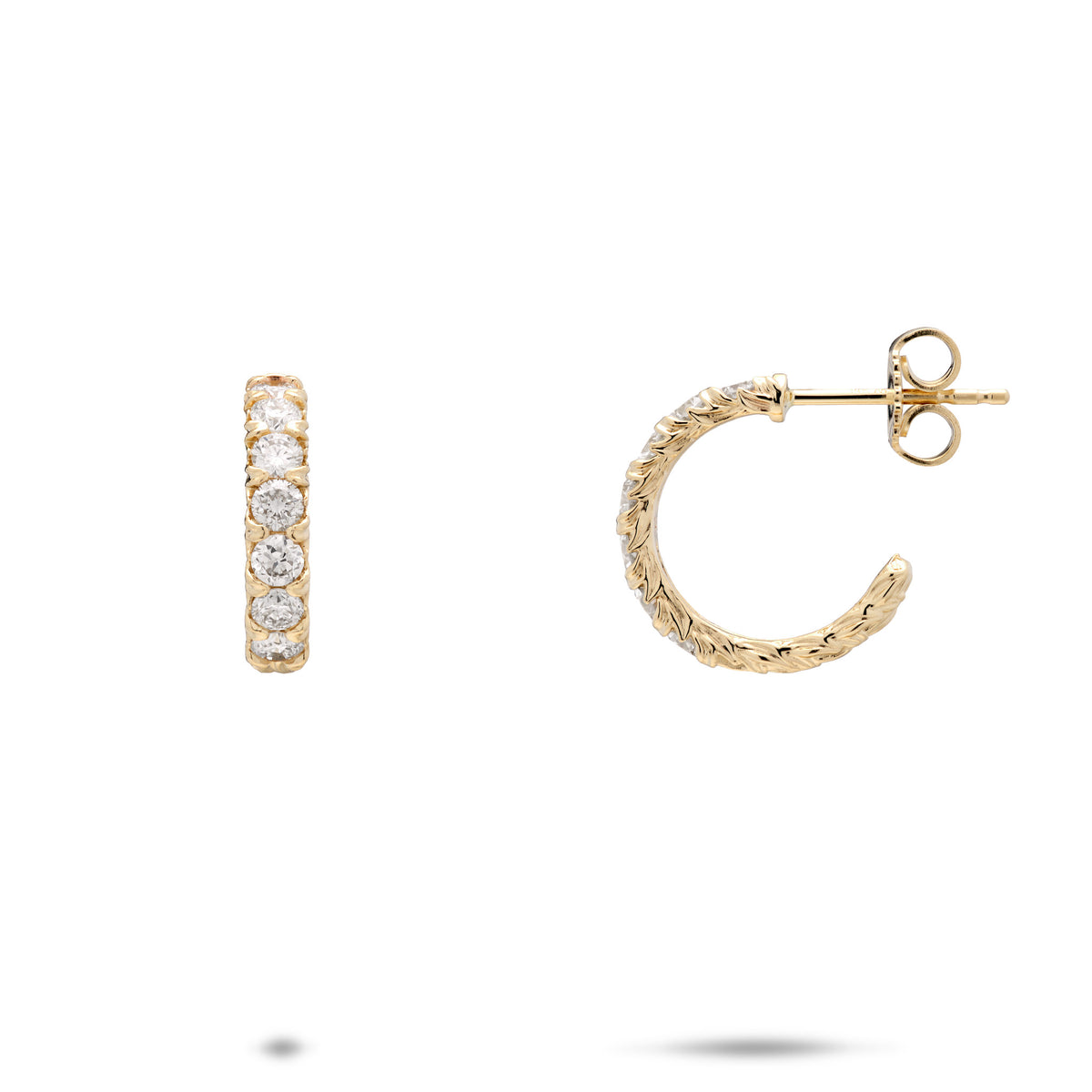 A pair of gold hoop earrings on a white background, one shown from the front with seven round lab grown diamonds and the other from the side showing the detail of the maile leaf prongs in 14k yellow gold and post back.