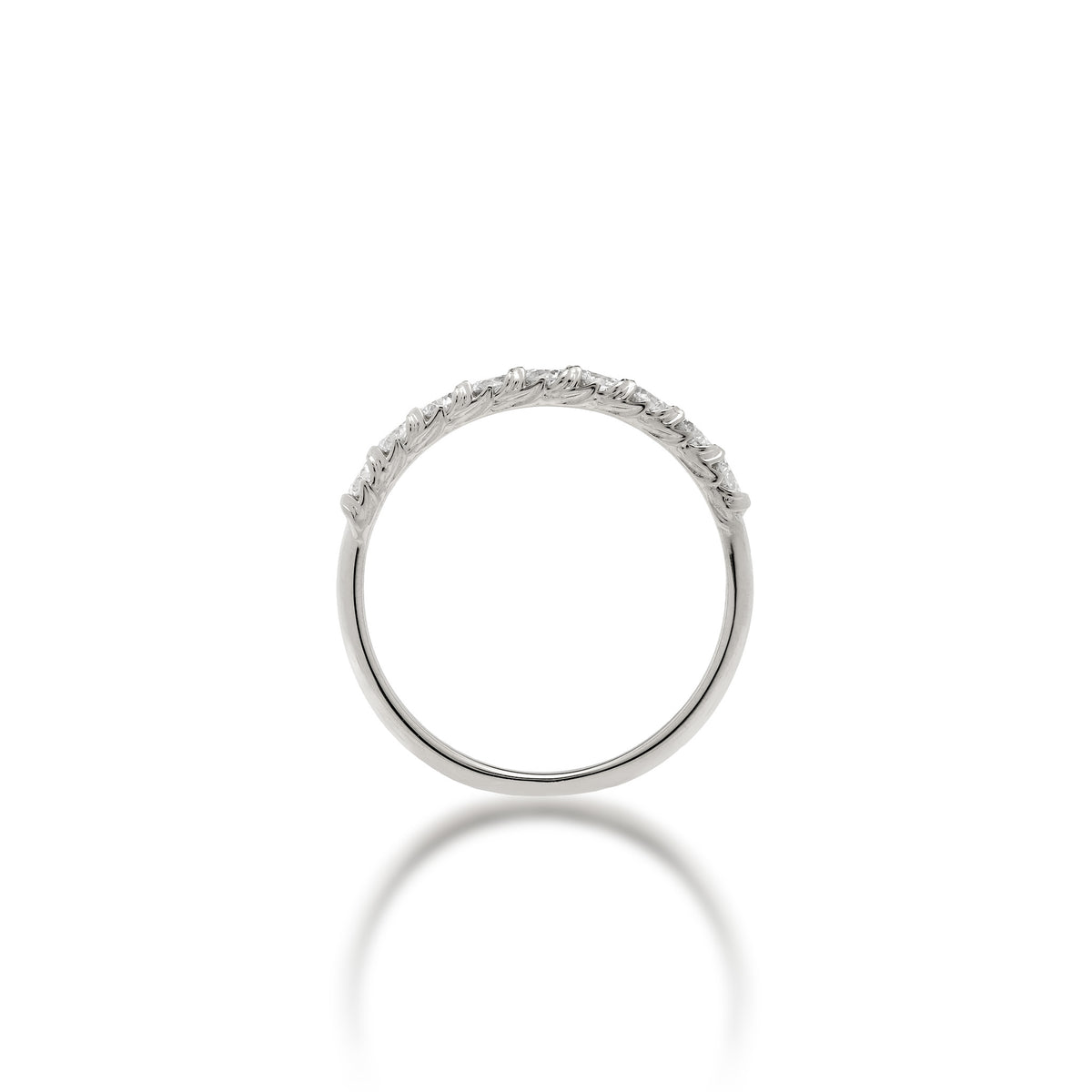 Side view of a 3mm 14k white gold anniversary ring showcasing the maile leaf detailed prongs holding a row of Lab Grown Diamonds shown on a white background