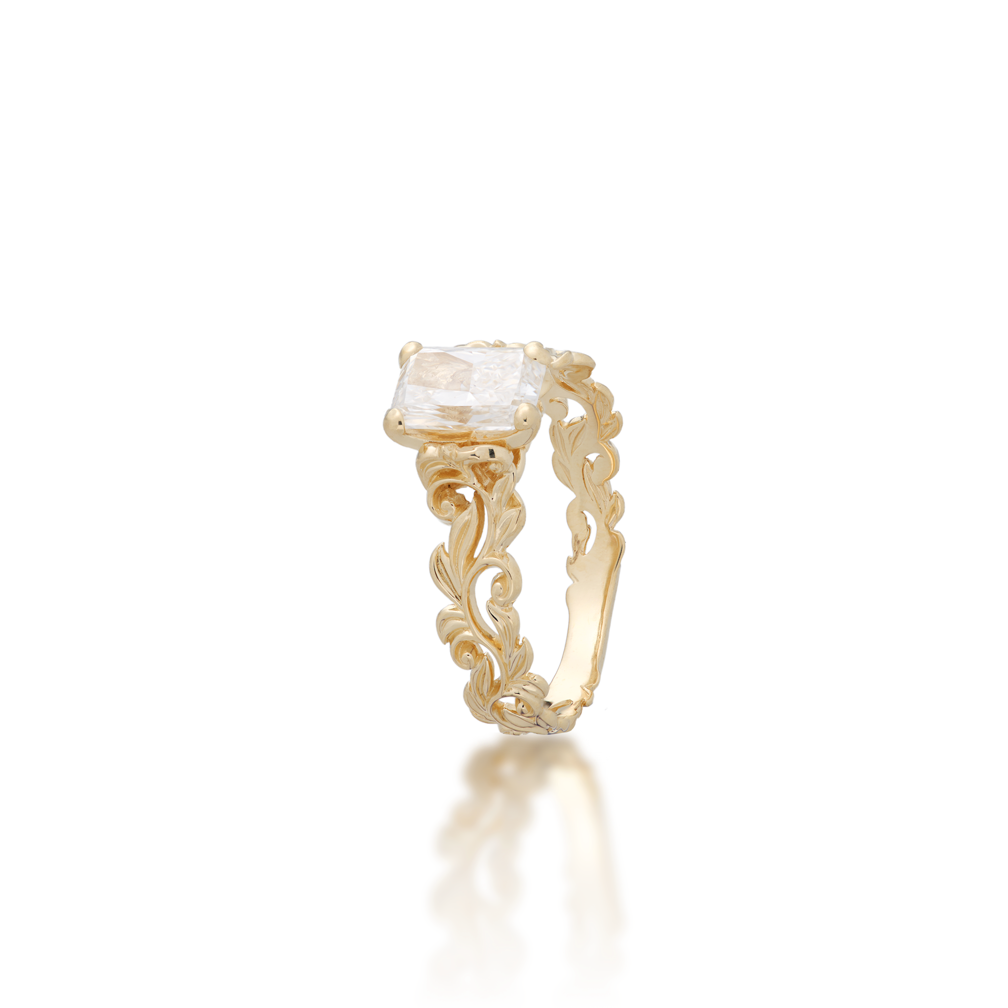 Living Heirloom Collection Solitaire Radiant Lab Grown Diamond Engagement Ring in 14k Yellow Gold on a white background