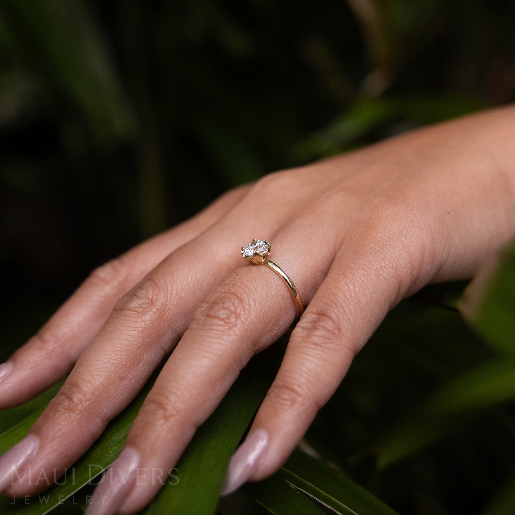 Side View of a Woman's Hand Wearing a Hidden Hawaiʻi Maile Ring in 14k Yellow Gold with a Lab Grown Diamond Resting on Green Leaves