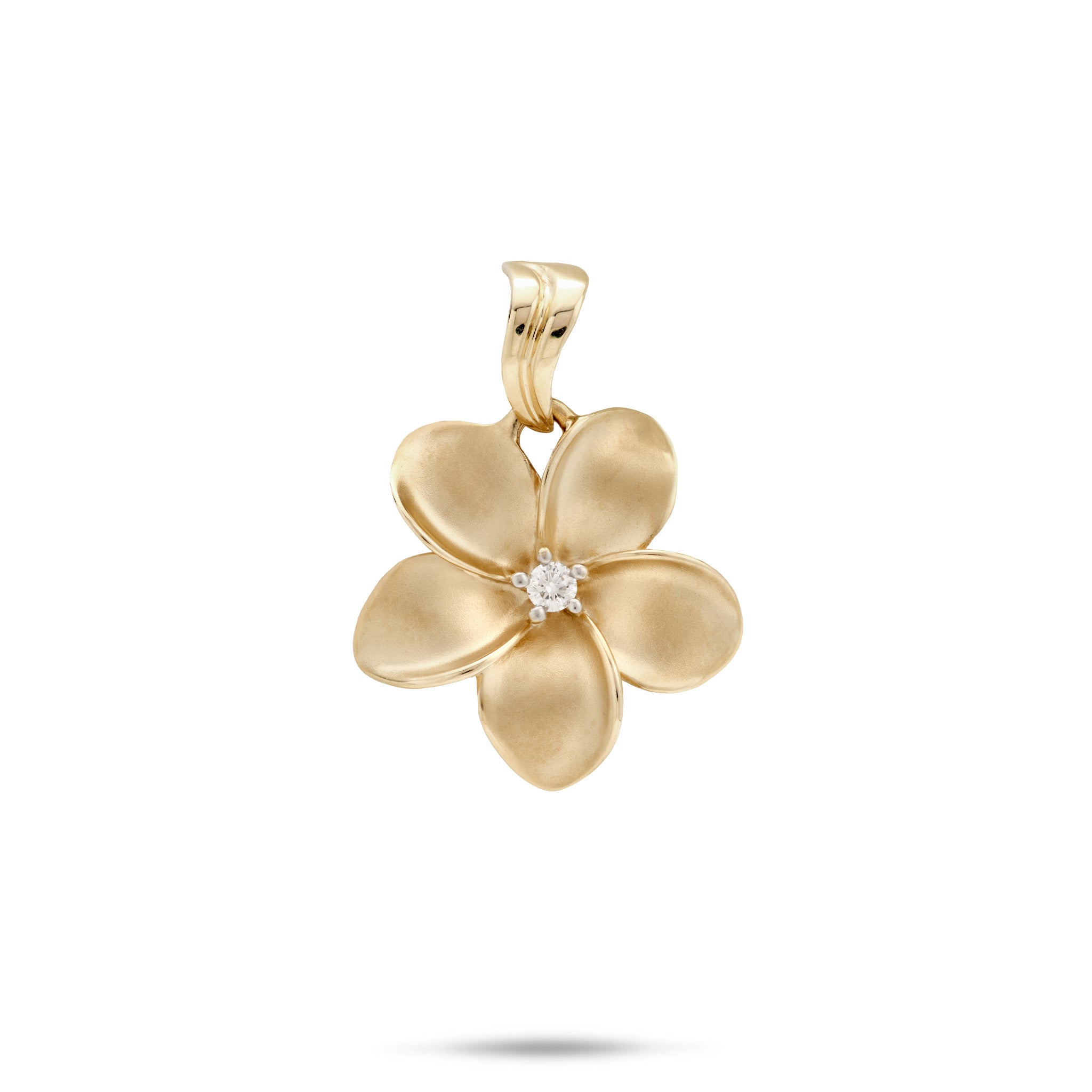 18mm Plumeria Pendant in 14k Yellow Gold with a center diamond on a white background