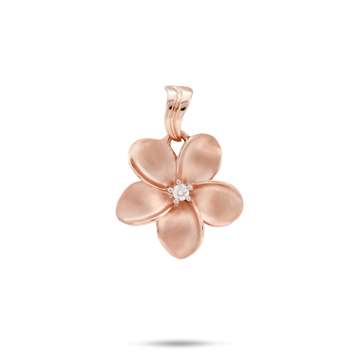 An 18mm 14k Rose Gold Plumeria Flower Pendant with five petals and diamond at the center and a wavy high-polish bail against a white background
