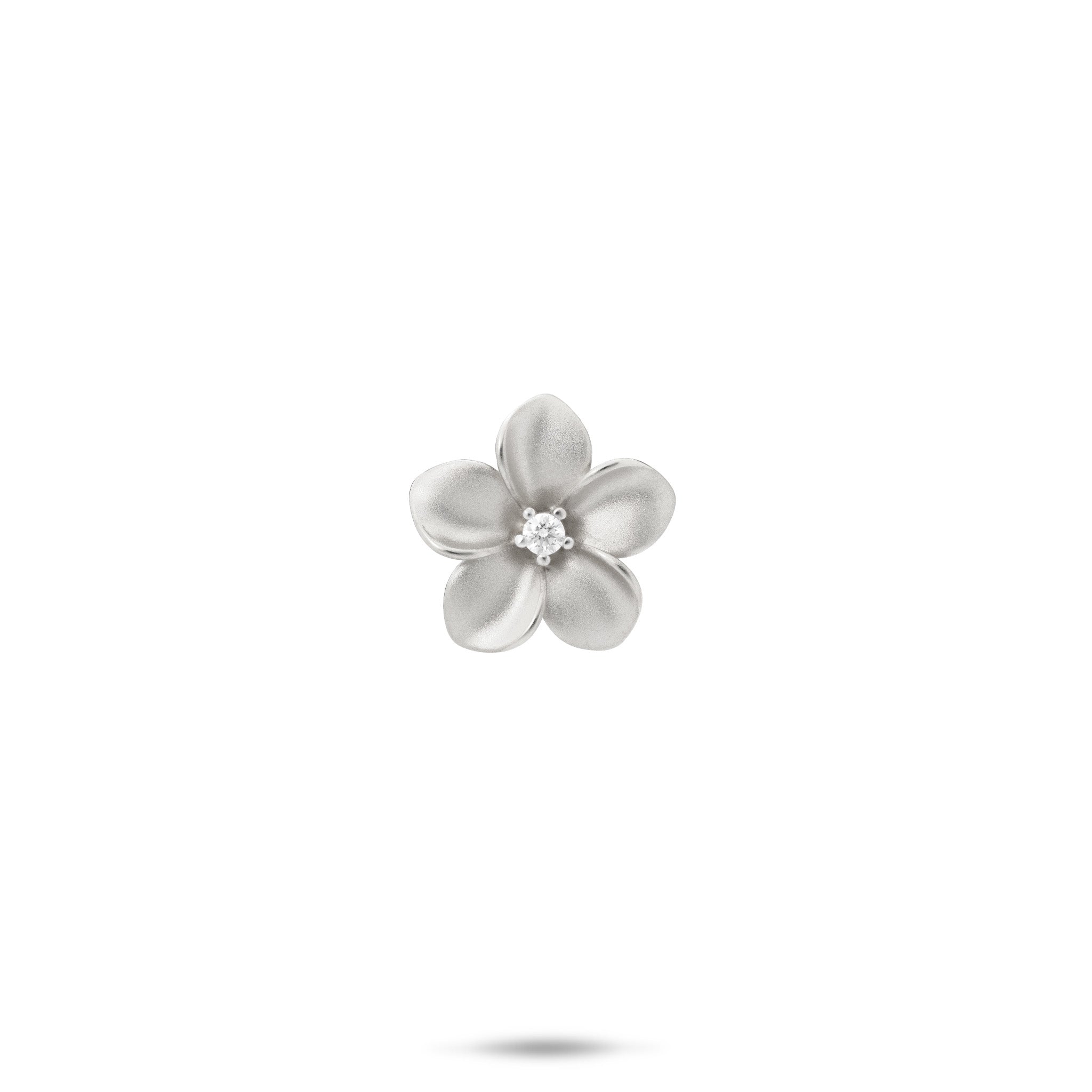 13mm Satin Finish Plumeria Pendant with Diamond Center in 14k White Gold on White Background