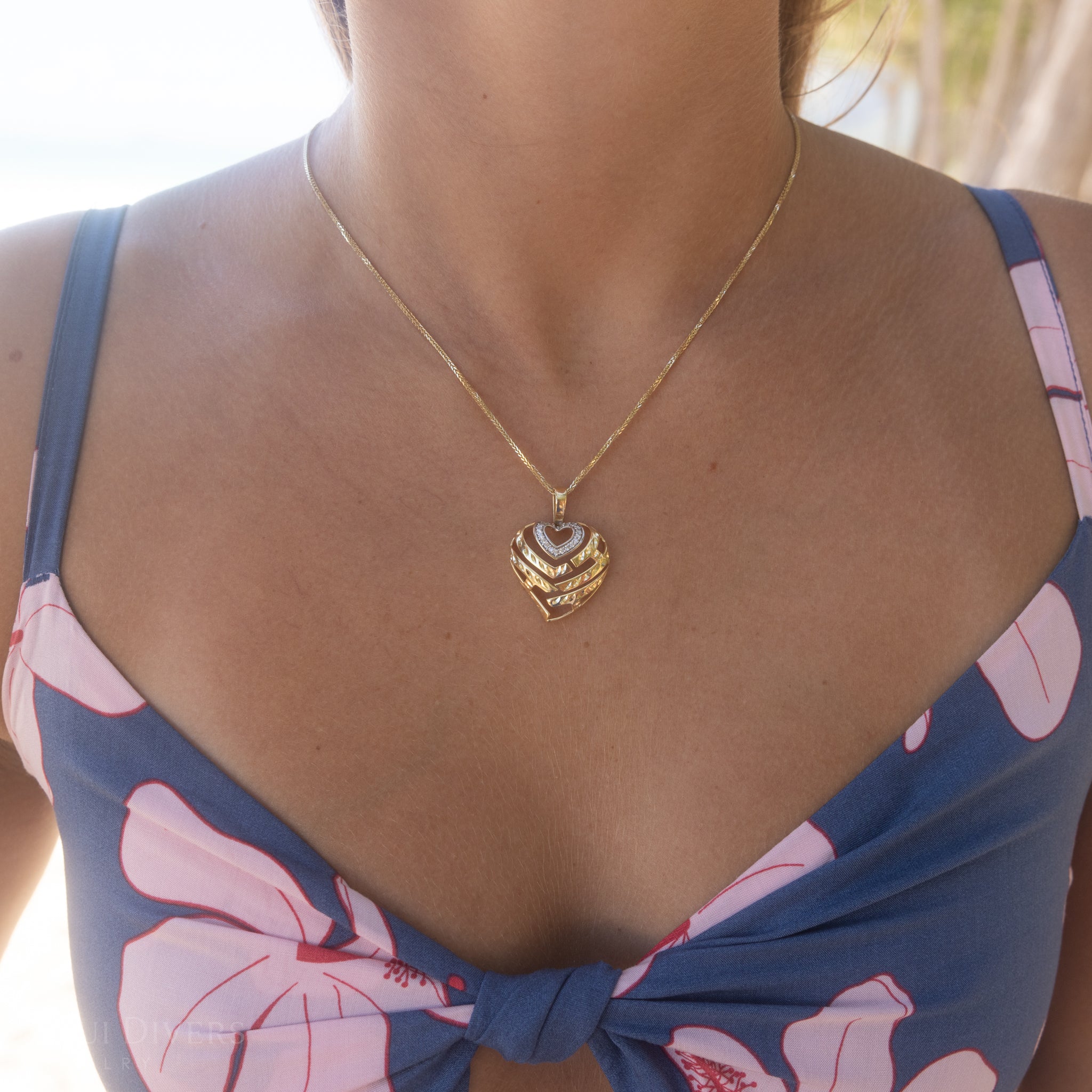 Aloha Heart Pendant in Two Tone Gold with Diamonds - 24mm