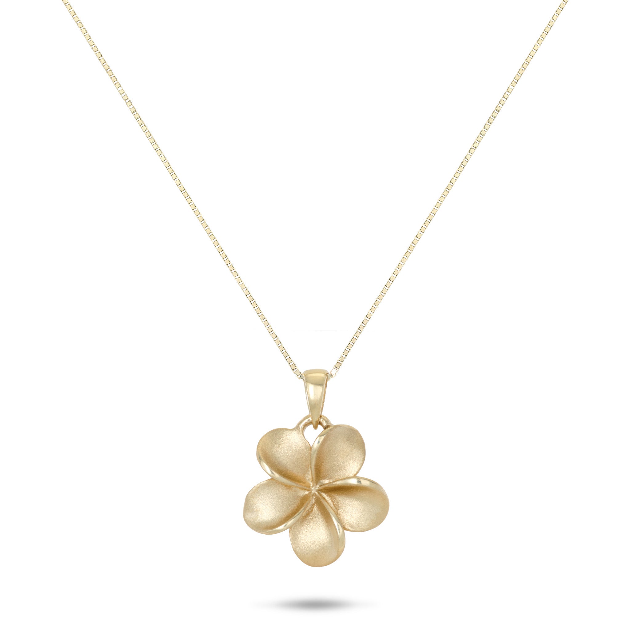18" Plumeria Necklace in 14k Yellow Gold on a white background