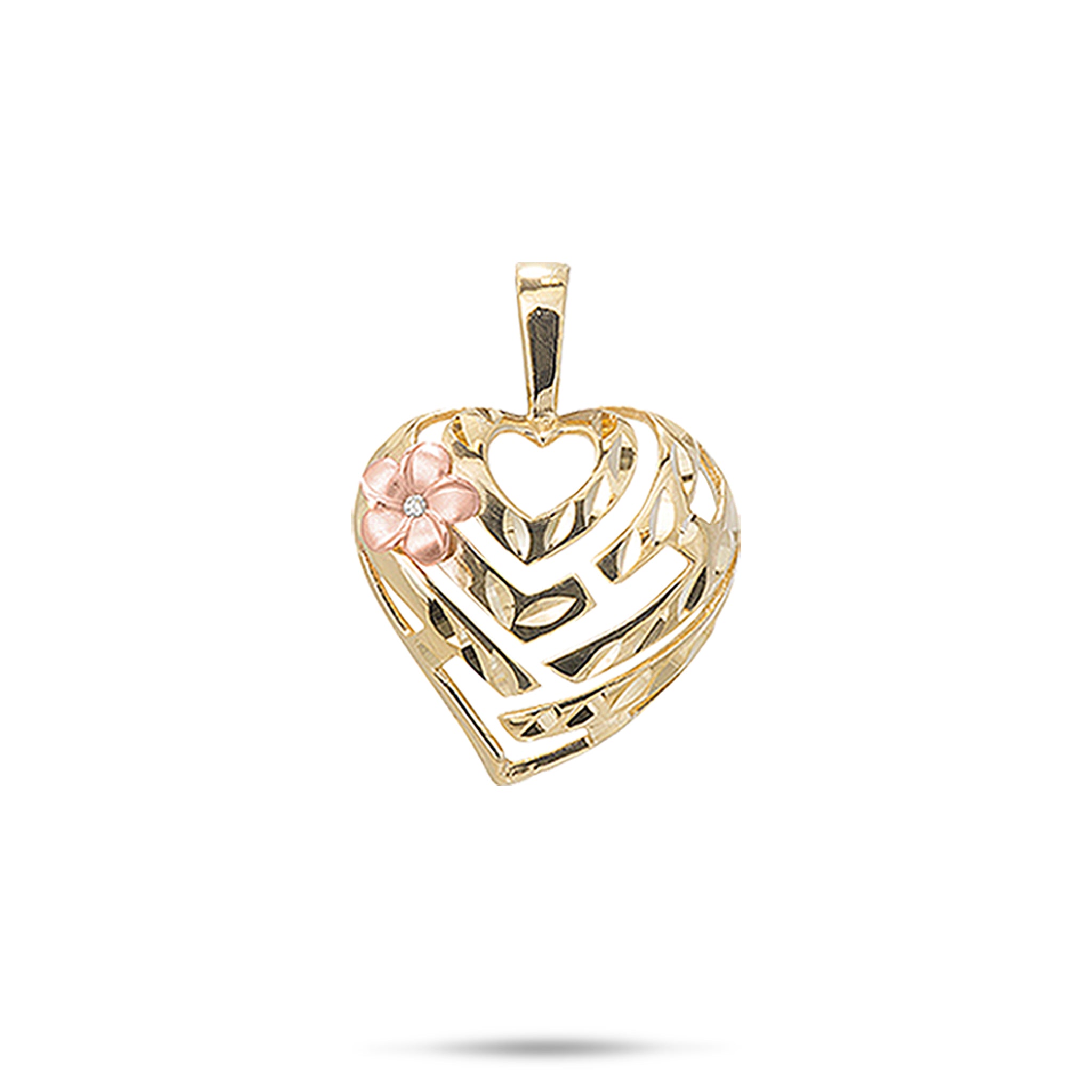 Aloha Heart Plumeria Pendant in Two Tone Gold with Diamond - 18mm