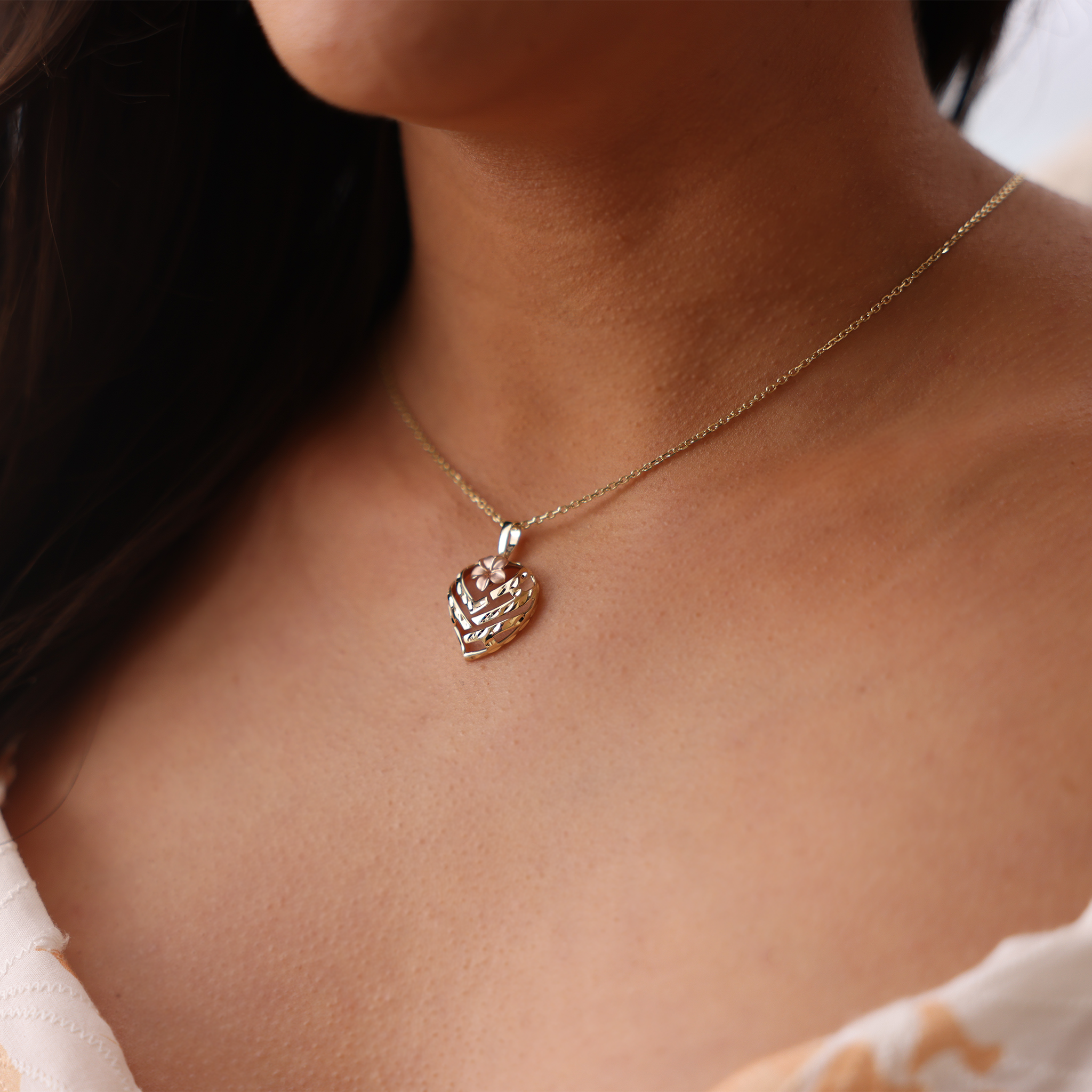 Aloha Heart Plumeria Pendant in Two Tone Gold - 18mm